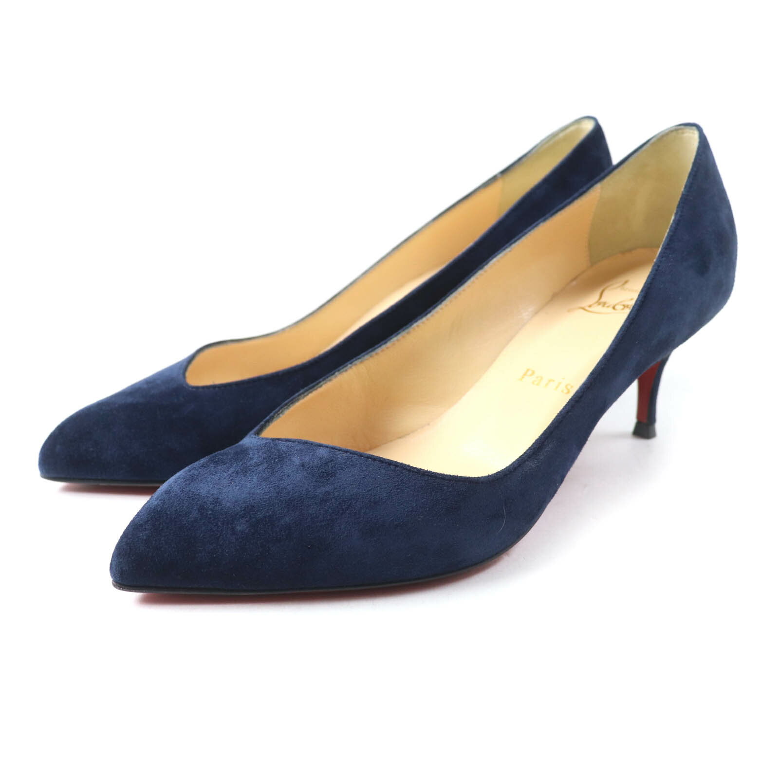 極美品★Christian Louboutin クリスチャンルブタン 3181229 CORNEILLE 55 ポインテッドトゥ スウェードレザー パンプス ネイビー 35.5 保存袋付き イタリア製 レディース【中古】