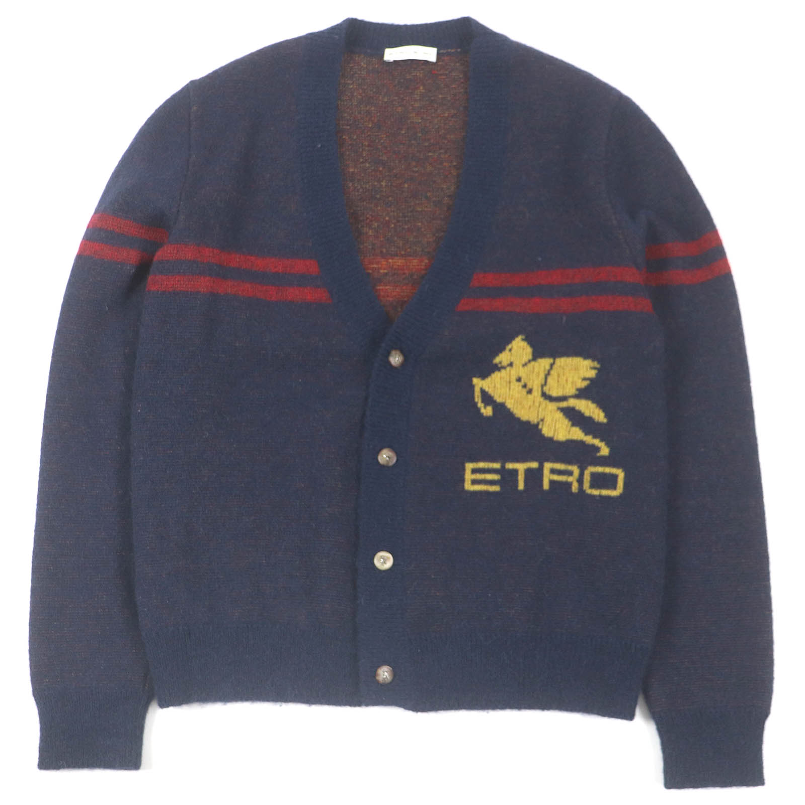 極美品□ETRO エトロ 20AW モヘア ウール ロゴボタン プレッピー ニットカーディガン セーター ネイビー S イタリア製 正規品 メンズ【中古】