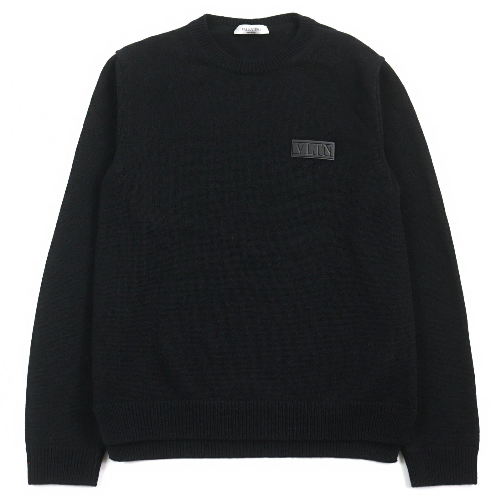美品○VALENTINO ヴァレンティノ 20AW VW3KC13W75D カシミヤ100% VLTNロゴワッペン付き クルーネック セーター ニット ブラック S イタリア製 正規品 メンズ【中古】