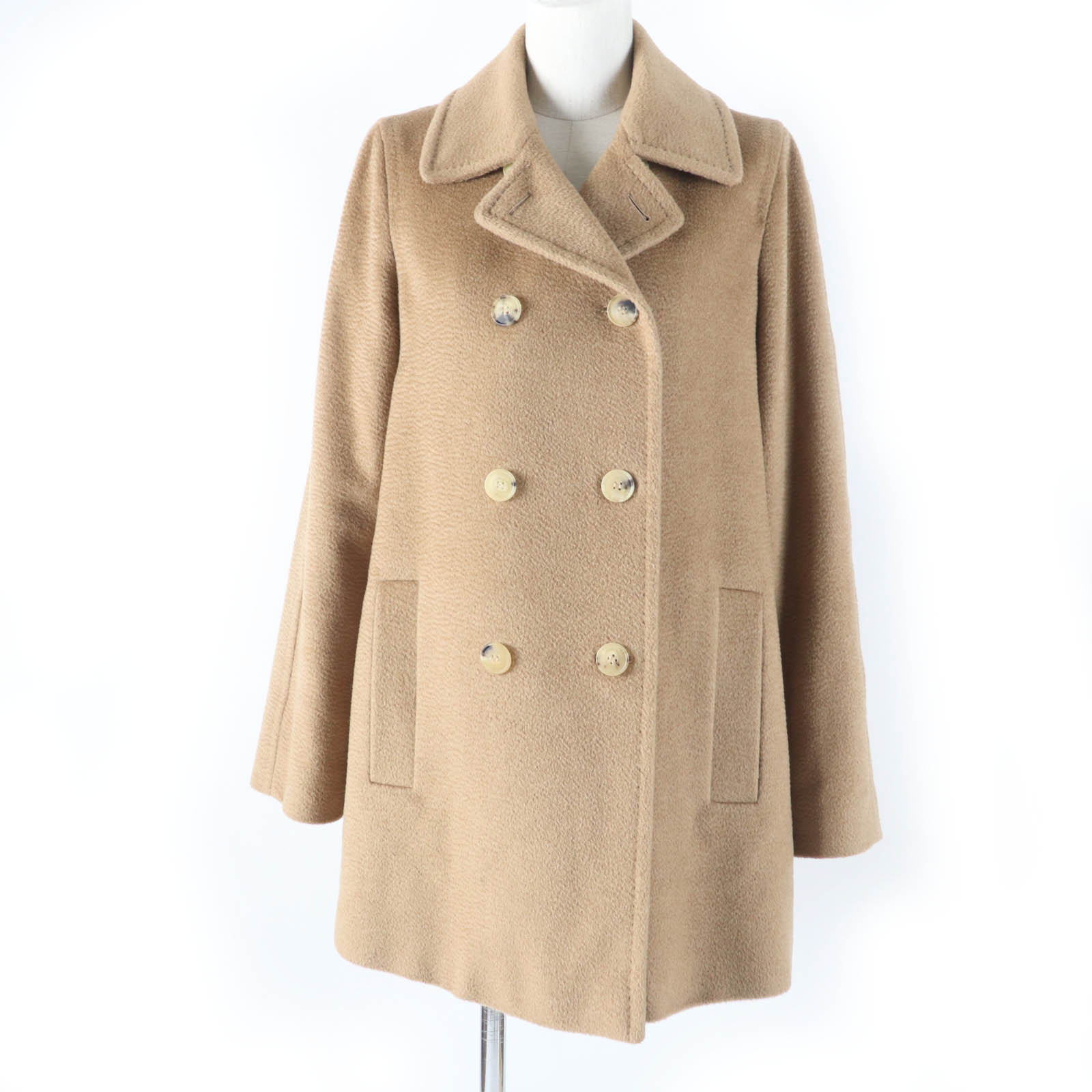 美品☆Max Mara マックスマーラ キャメル100％ 白タグ ダブルブレスト ピーコート キャメル 40 イタリア製 正規品 レディース【中古】