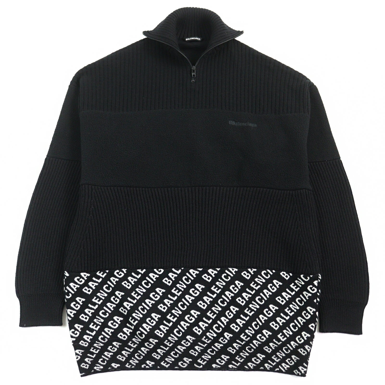 美品○BALENCIAGA バレンシアガ 20AW 641734 ロゴ総柄切替 オーバーサイズ ハーフジップ ニット セーター ブラック ホワイト XS イタリア製 正規品 メンズ【中古】