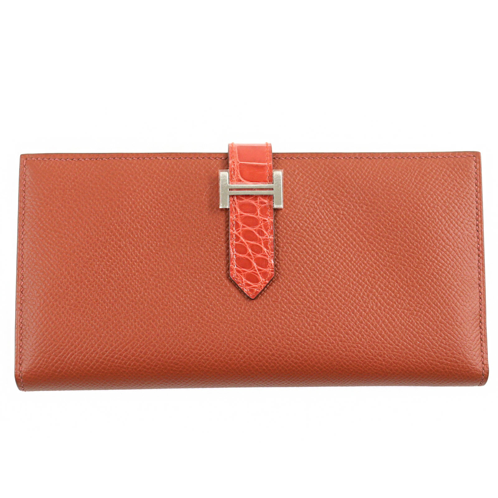 未使用品○HERMES エルメス ベアンスフレ ブリック サンギーヌ Hロゴシルバー金具 ヴォーエプソン アリゲーター クロコダイル レザーウォレット 長財布 オレンジ系 Z刻印 箱付き フランス製 メンズ【中古】