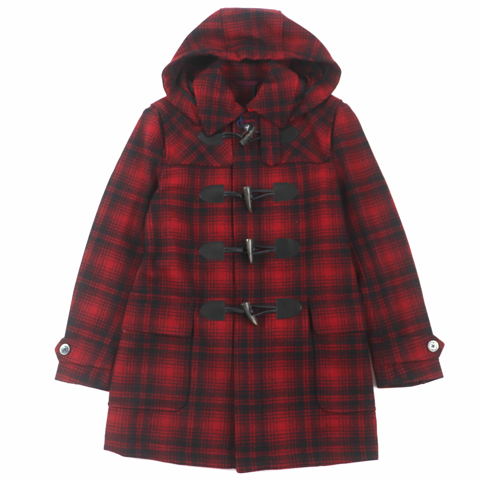 未使用品▼PS Paul Smith ピーエス ポールスミス ウール90% バッファローチェック 水牛トグル フード付き ジップアップ ダッフルコート レッド ブラック M 正規品 メンズ【中古】