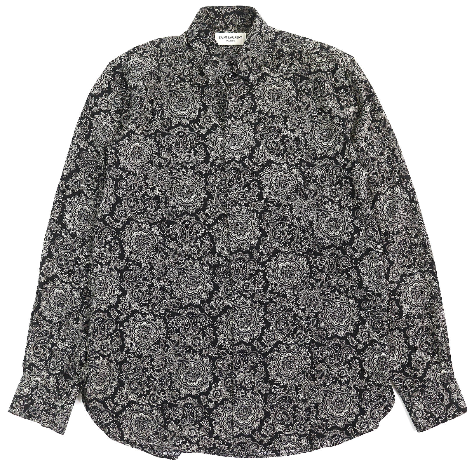 極美品△SAINT LAURENT PARIS サンローランパリ 515299 シルク100％ ペイズリー柄 長袖シャツ ブラック ホワイト 37 イタリア製 正規品 メンズ【中古】