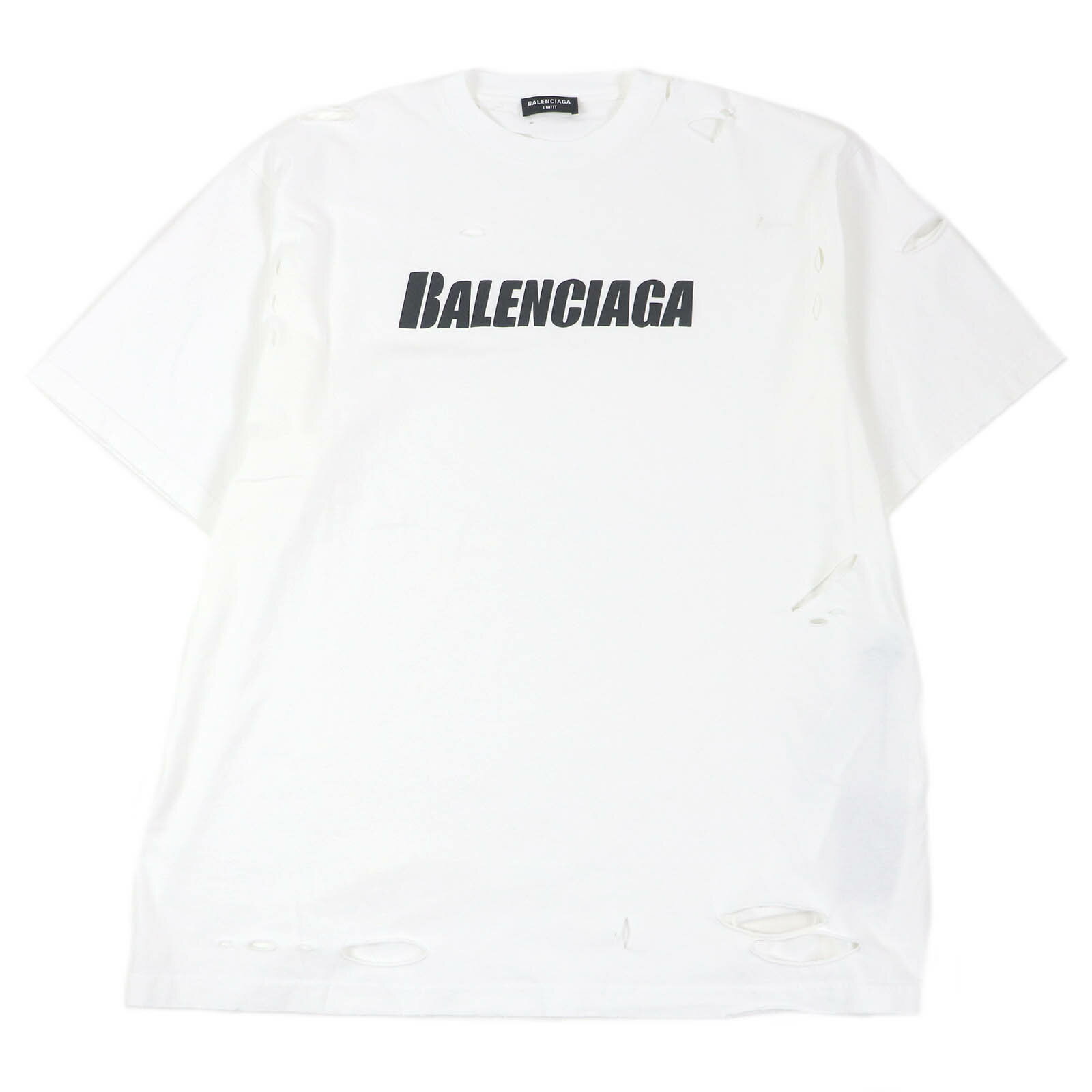 未使用品□BALENCIAGA バレンシアガ 22SS 651795 コットン100％ デストロイ加工 オーバーサイズ 半袖Tシャツ ホワイト M イタリア製 正規品 メンズ【中古】