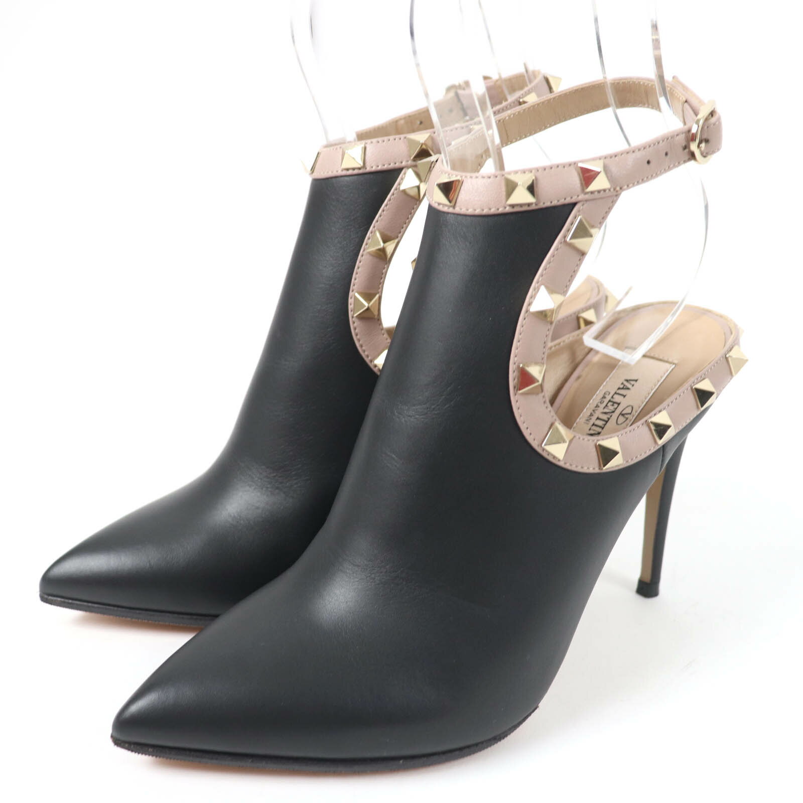 美品☆Valentino Garavani ヴァレンティノガラヴァーニ ロックスタッズ アンクルストラップ パンプス レザー ブーティ ブラック 35 イタリア製 レディース【中古】