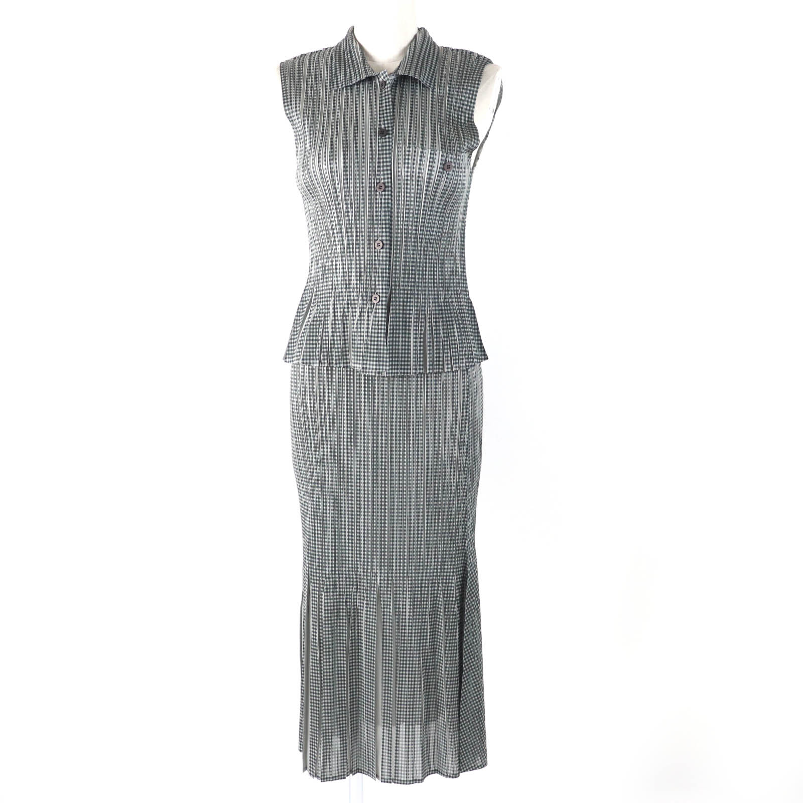 極美品☆PLEATS PLEASE プリーツプリーズ イッセイミヤケ PP22-JE851 PP22-JG855 ギンガムチェック ノースリーブトップス・ロングスカート セットアップ グレー トップス：3 スカート：2 日本製 正規品 レディース【中古】