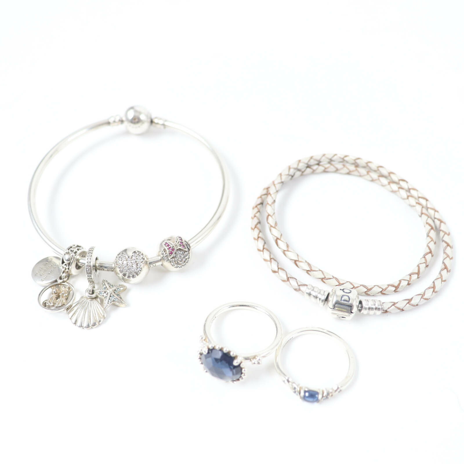 美品☆Pandora Disney パンドラ ディズニー チャーム4個 レザーダブルブレスレット クリスタル付リング2個・バングル2個セット SV925 シルバー 54・56 レディース【中古】