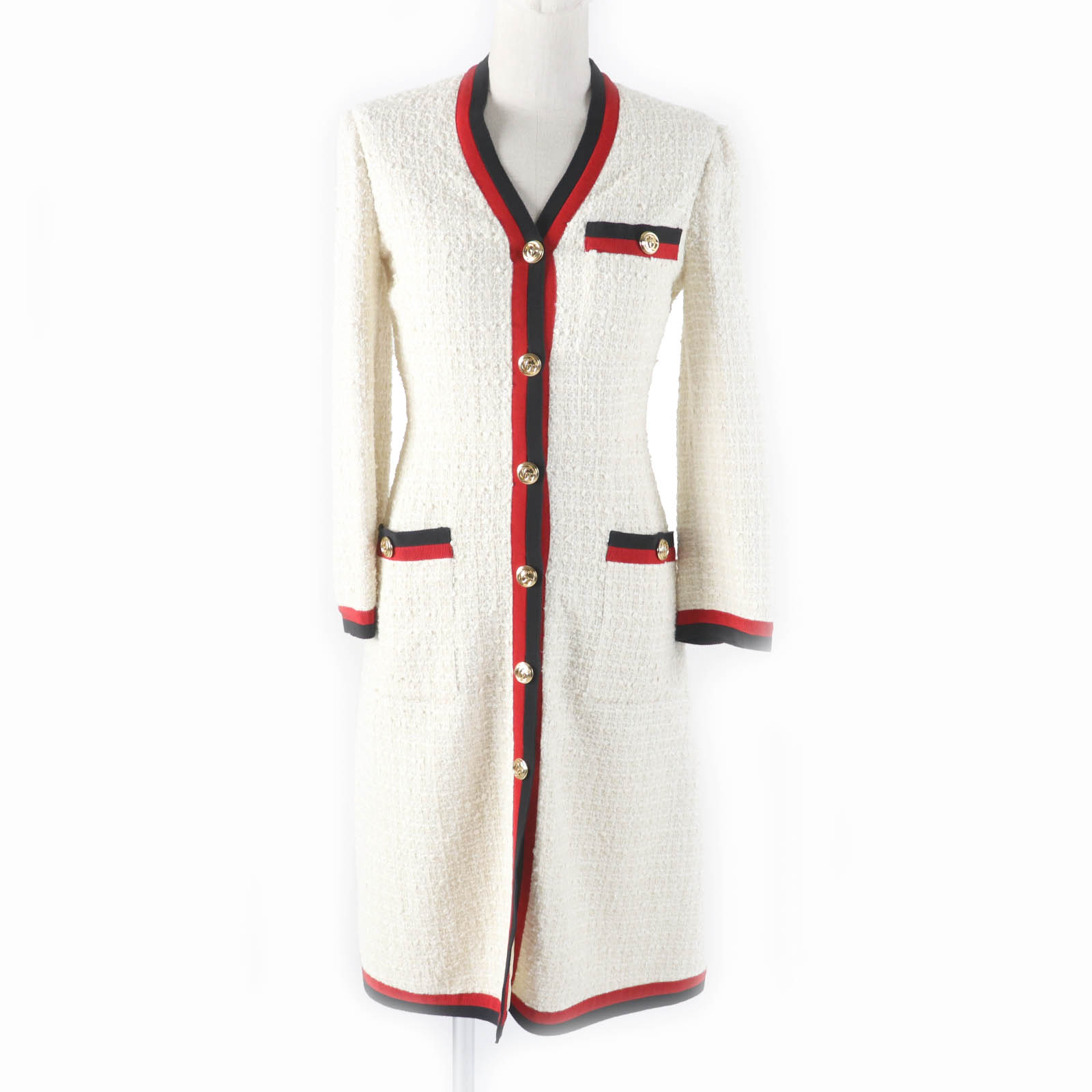 極美品★GUCCI グッチ 19SS 551562 GGボタン付 ウェブライン Vネック ツイード ロング ワンピース オフホワイト 36 イタリア製 正規品 レディース【中古】