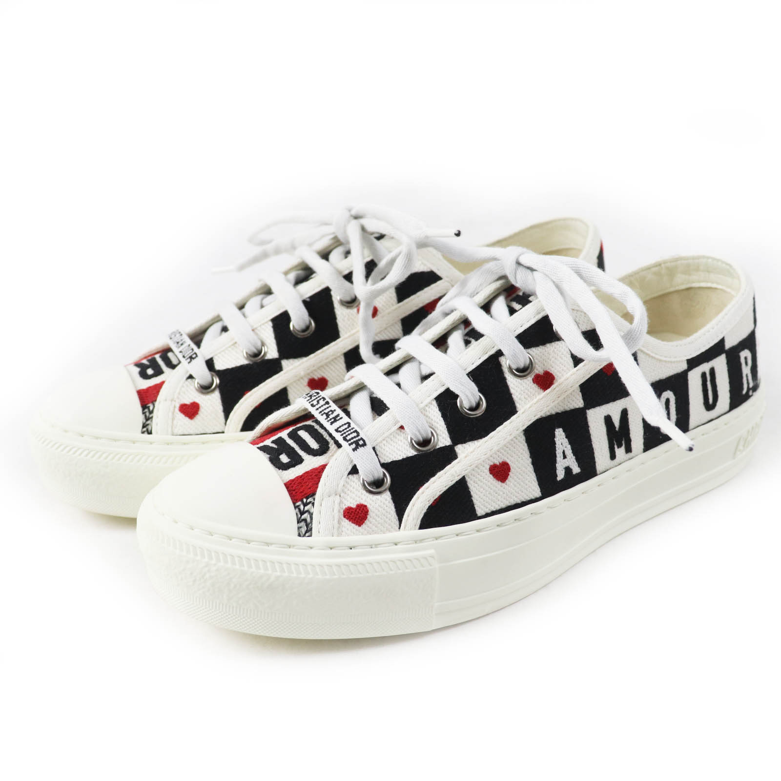 美品◎Christian Dior クリスチャンディオール WALK'N'DIOR キャンバス レザー使い スニーカー ホワイト ブラック レッド 37 箱・保存袋付き イタリア製 レディース【中古】