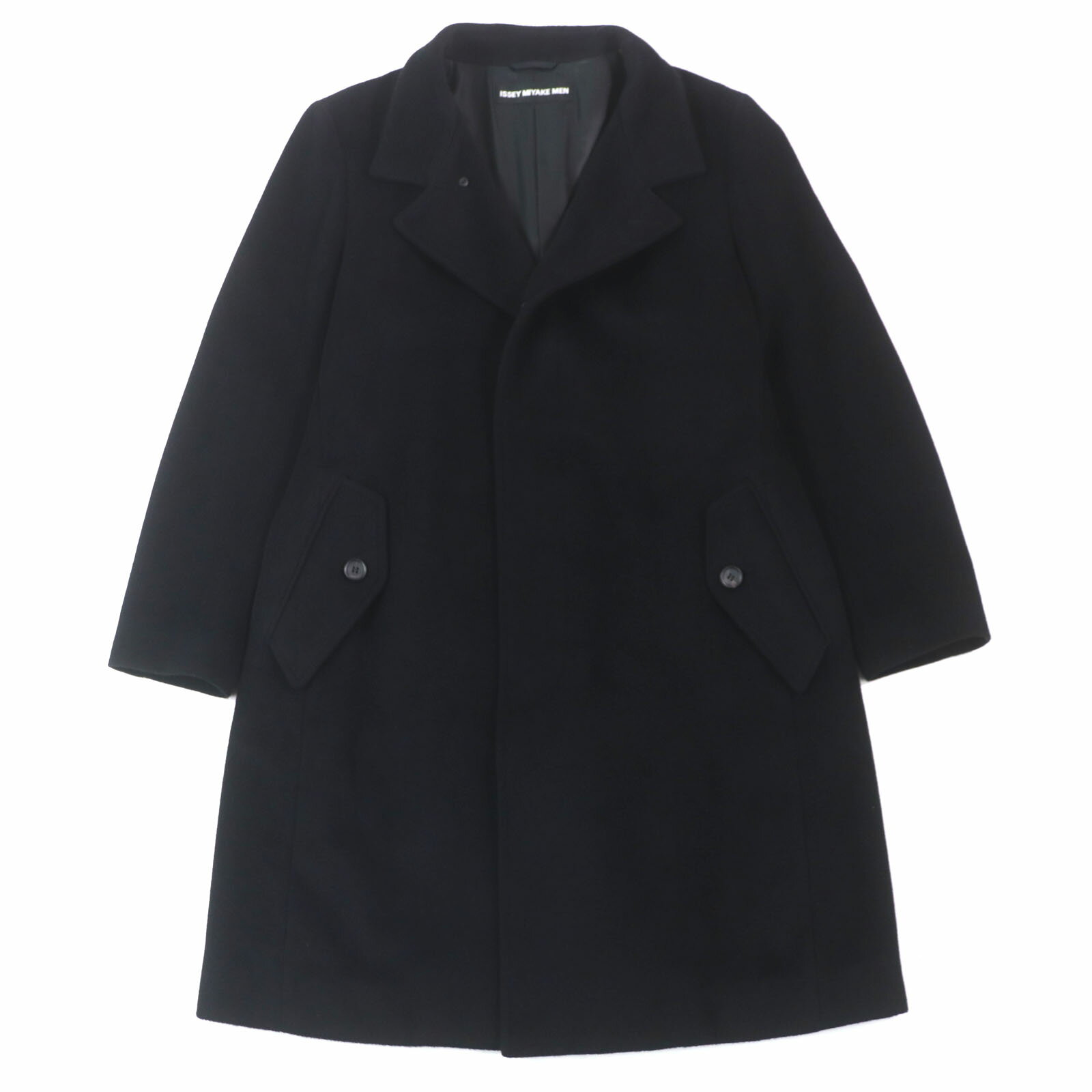 美品▼ISSEY MIYAKE MEN イッセイミヤケ メン ME33FA119 アンゴラ ウール 比翼仕立て チェスターコート ブラック 2 日本製 正規品 メンズ【中古】