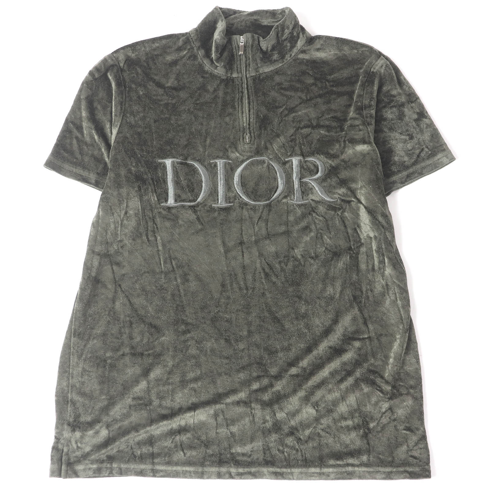 美品□DIOR ディオール オム 943J654A0585 ロゴエンブロイダリー ハーフジップ ベロアカットソー 半袖シャツ カーキ L イタリア製 正規品 メンズ【中古】