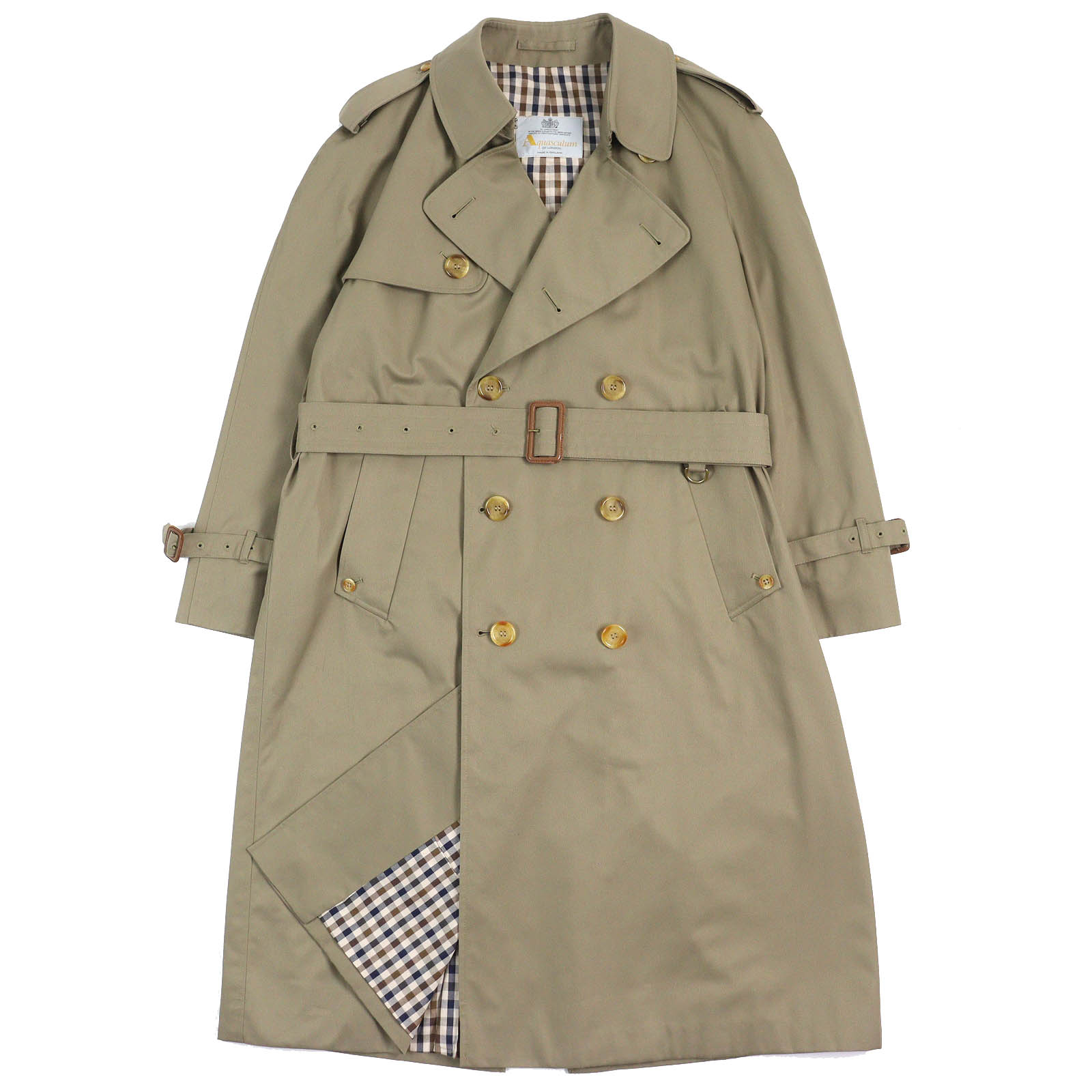 良品△Aquascutum アクアスキュータム コットン 裏地チェック柄 ベルト付き ロング トレンチコート カーキ Lサイズ相当 イングランド製 メンズ【中古】