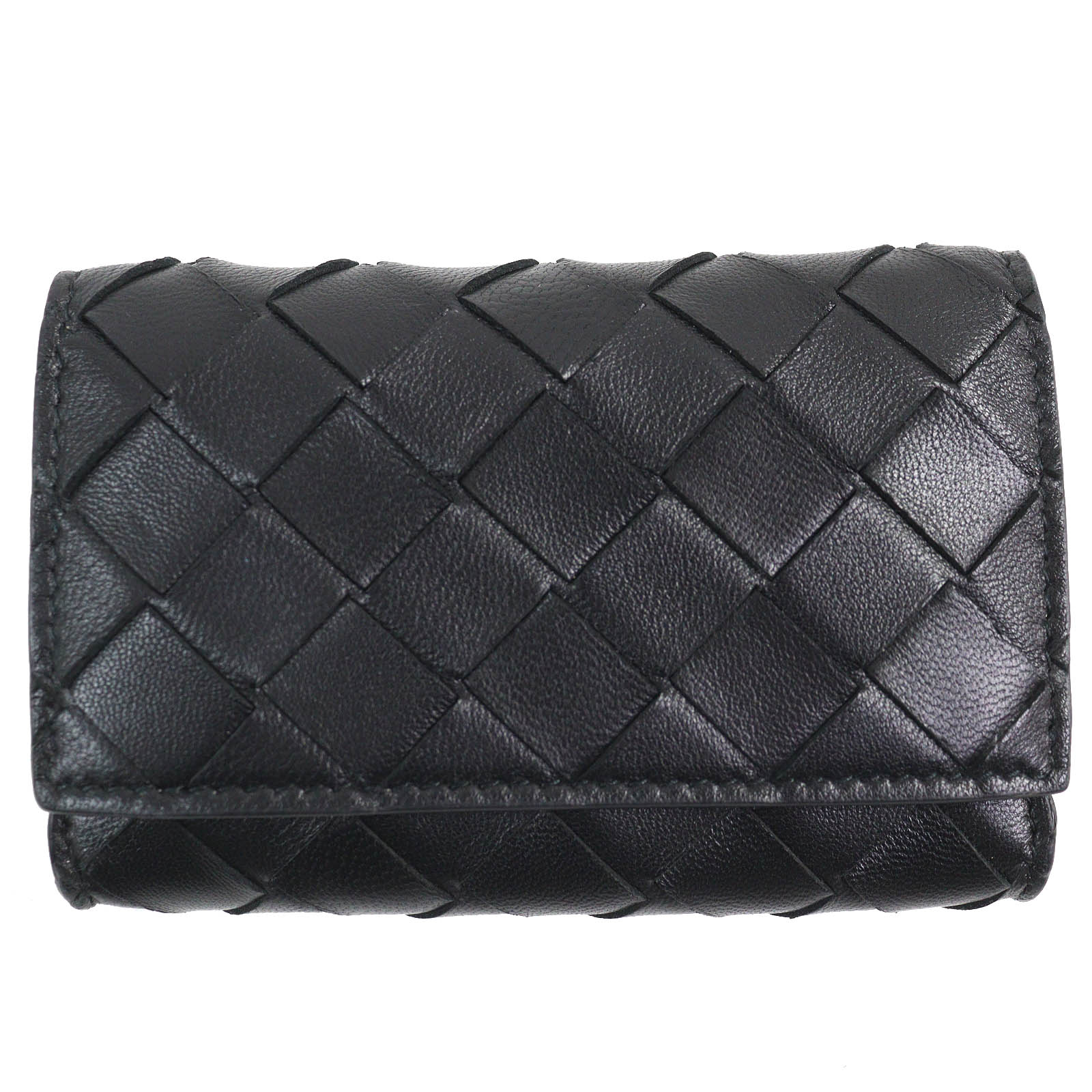 美品△BOTTEGAVENETA ボッテガヴェネタ イントレチャート コンパクトウォレット レザー コインケース ブラック 保存袋付き イタリア製 メンズ【中古】