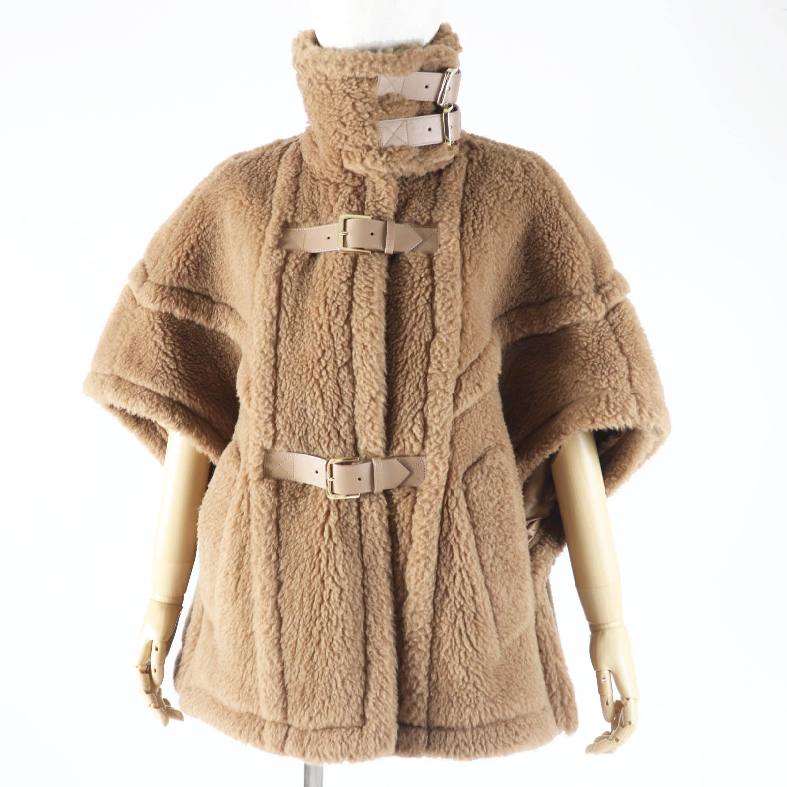 極美品◎Max Mara マックスマーラ 2023年製 白タグ RODANO テディベア キャメル シルク バックルベルト付き 裏地M柄 ポンチョ／ケープ コート ブラウン系 ゴールド金具 165／88A イタリア製 正規品 レディース【中古】