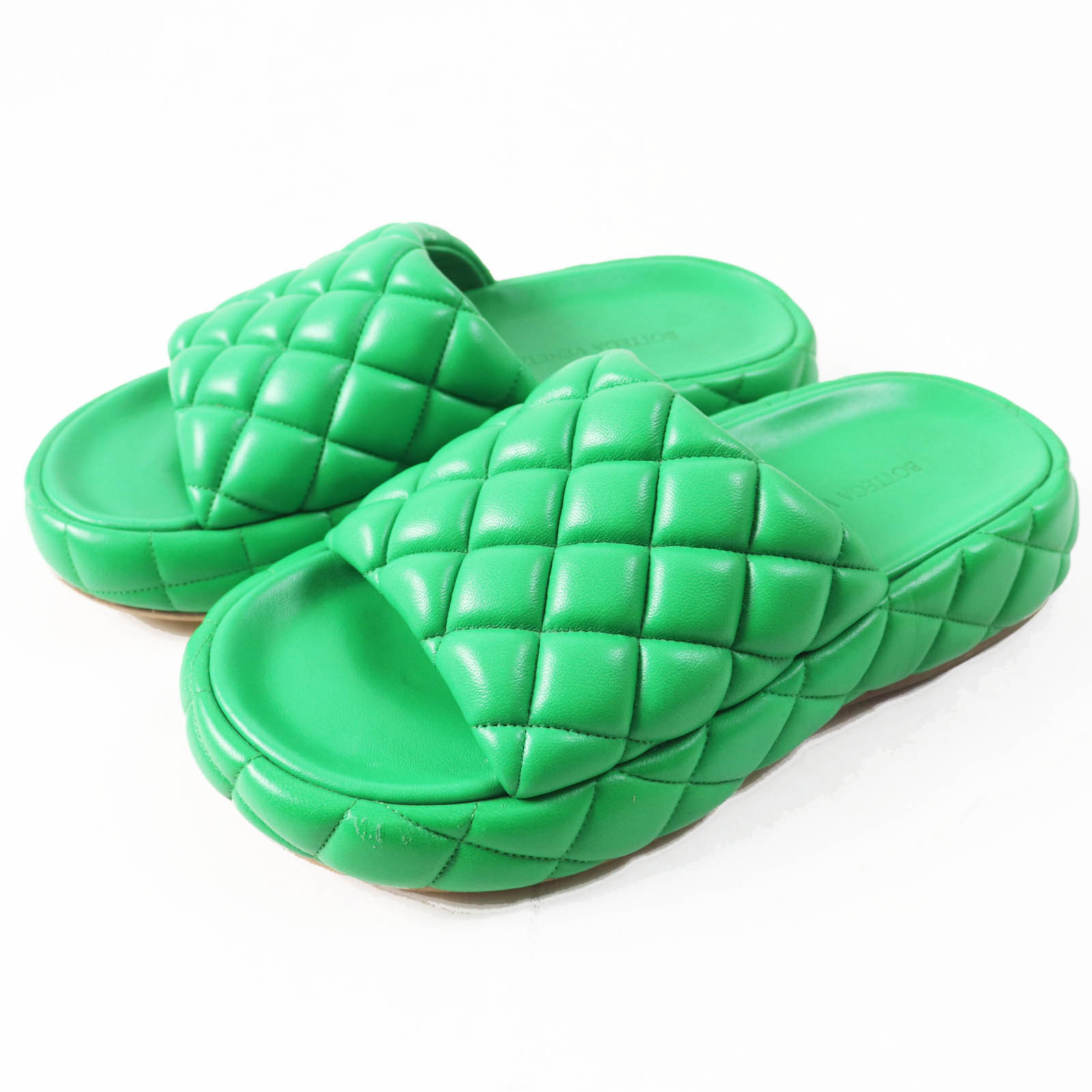 美品◎BOTTEGAVENETA ボッテガヴェネタ パデッド キルティング レザー フラットサンダル グリーン 36 イタリア製 レディース【中古】