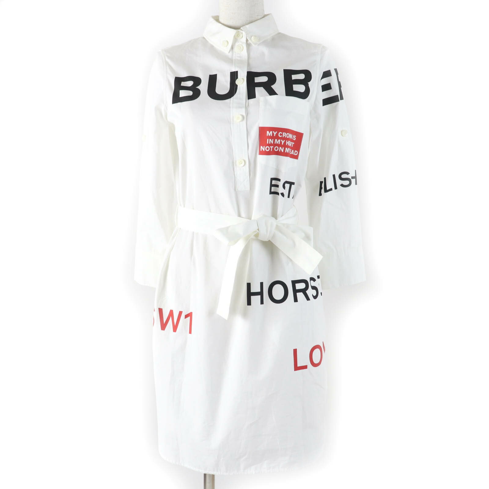 美品☆BURBERRY バーバリー 8013907 コットン100％ ホースフェリー ベルト付 シャツ ワンピース ホワイト 32 正規品 レディース【中古】