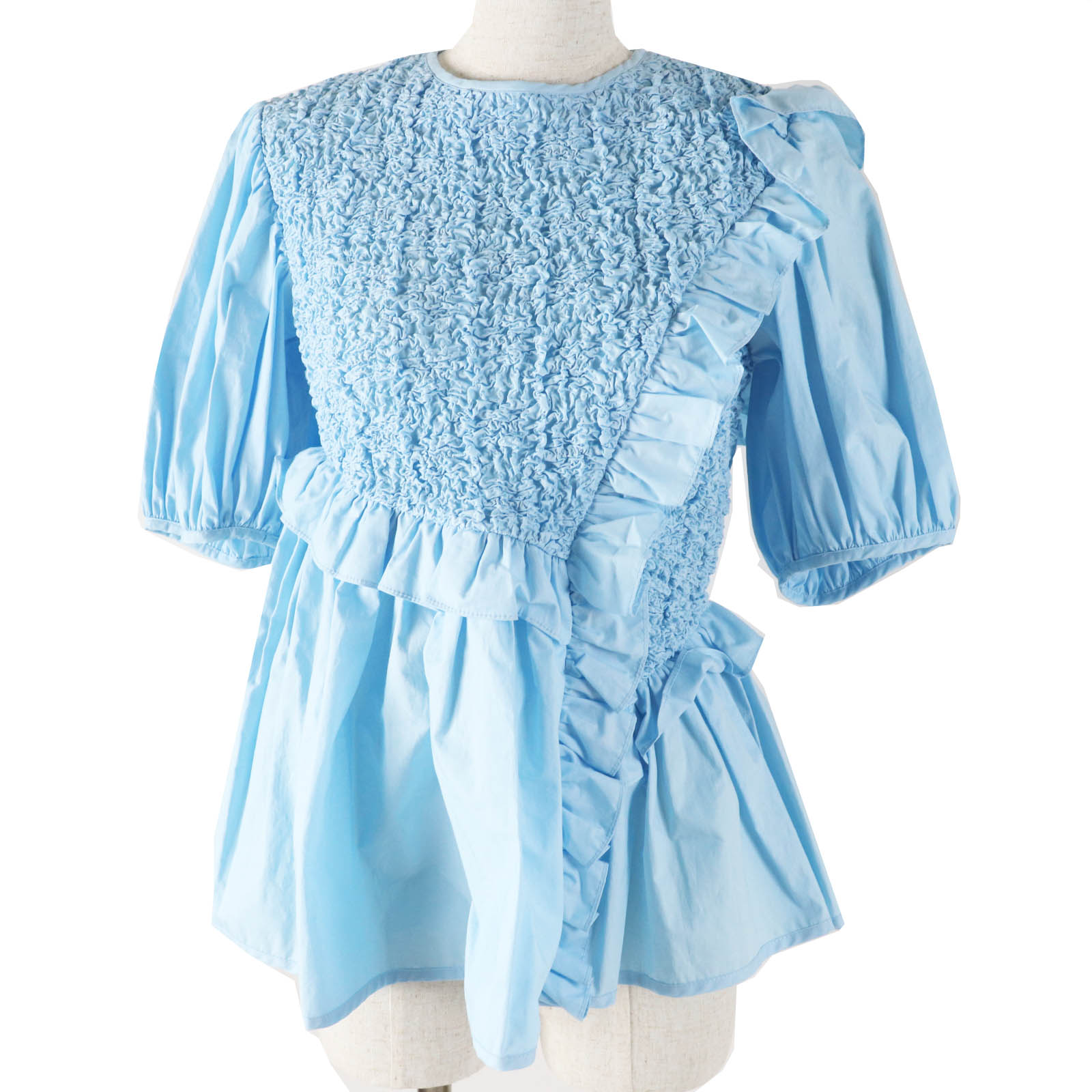 未使用品◎CECILIE BAHNSEN セシリーバンセン 1577-343-1280-7100 CARLOTTA TOP フリルギャザー パフスリーブ トップス ライトブルー 6 ブルガリア製 正規品 レディース【中古】