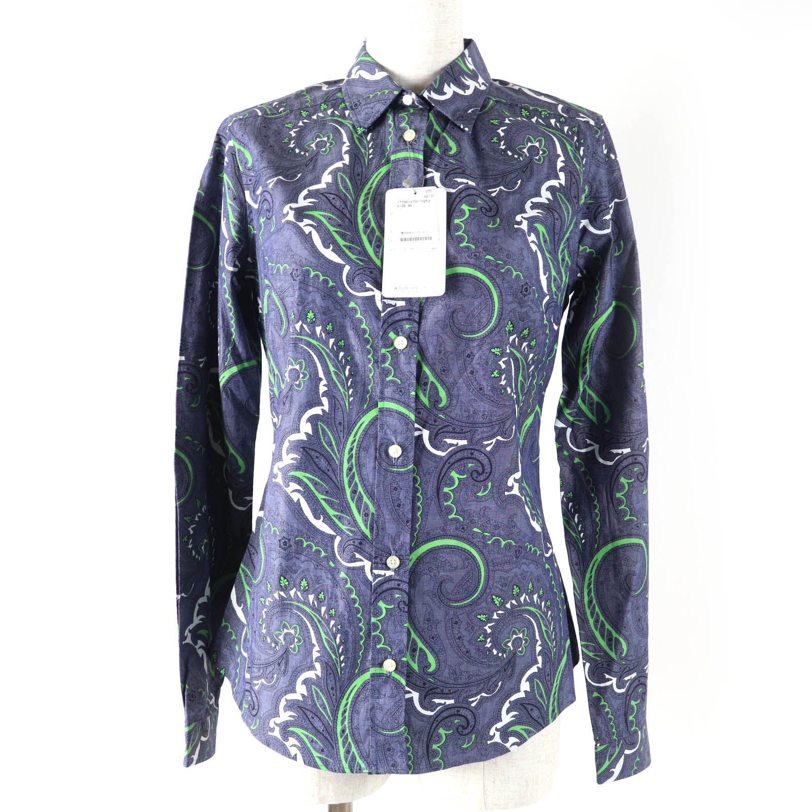 未使用品☆ETRO エトロ コットン ペイズリー柄 長袖シャツ トップス ブルー系 38 イタリア製 正規品 レディース タグ付き 美シルエット【中古】
