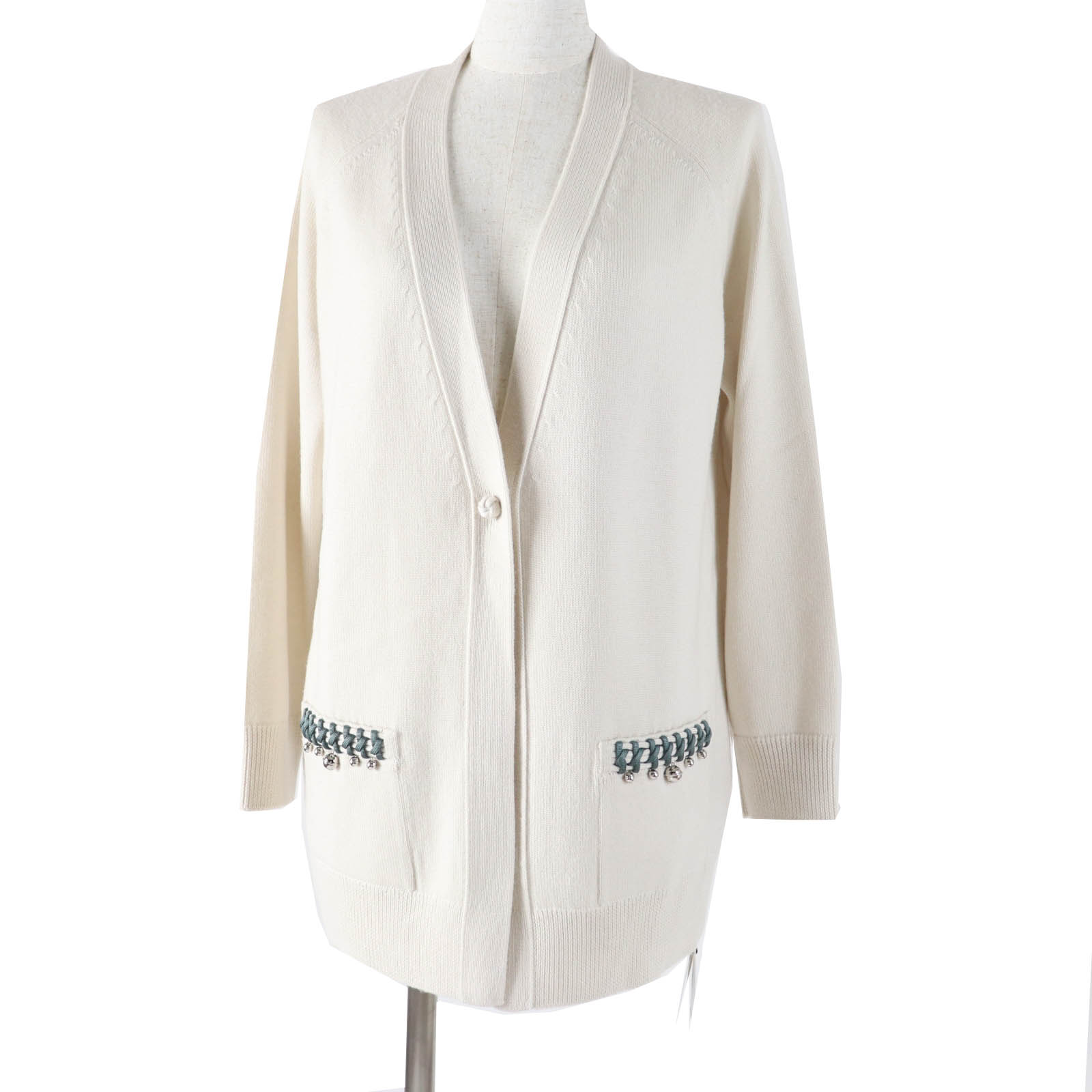 未使用品◎HERMES エルメス 22AW 2H2704DN ウール100％ シルク使い 鈴付き ロング丈 ニットカーディガン クリーム 40 イタリア製 正規品 レディース【中古】