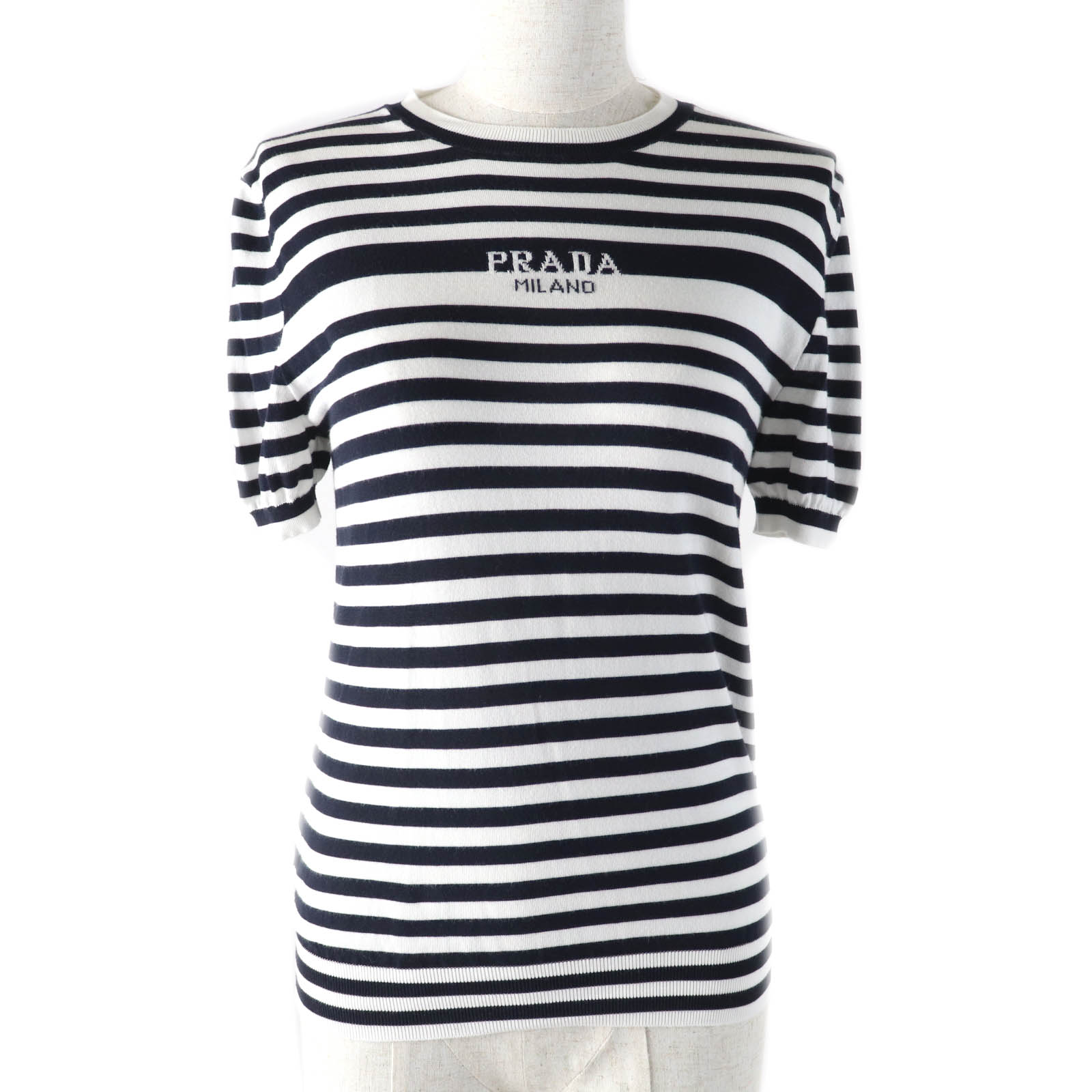 美品★PRADA プラダ 23SS P24V1D ロゴデザイン ボーダー クルーネック 半袖 コットンTシャツ ホワイト ダークネイビー 36 イタリア製 正規品 レディース【中古】