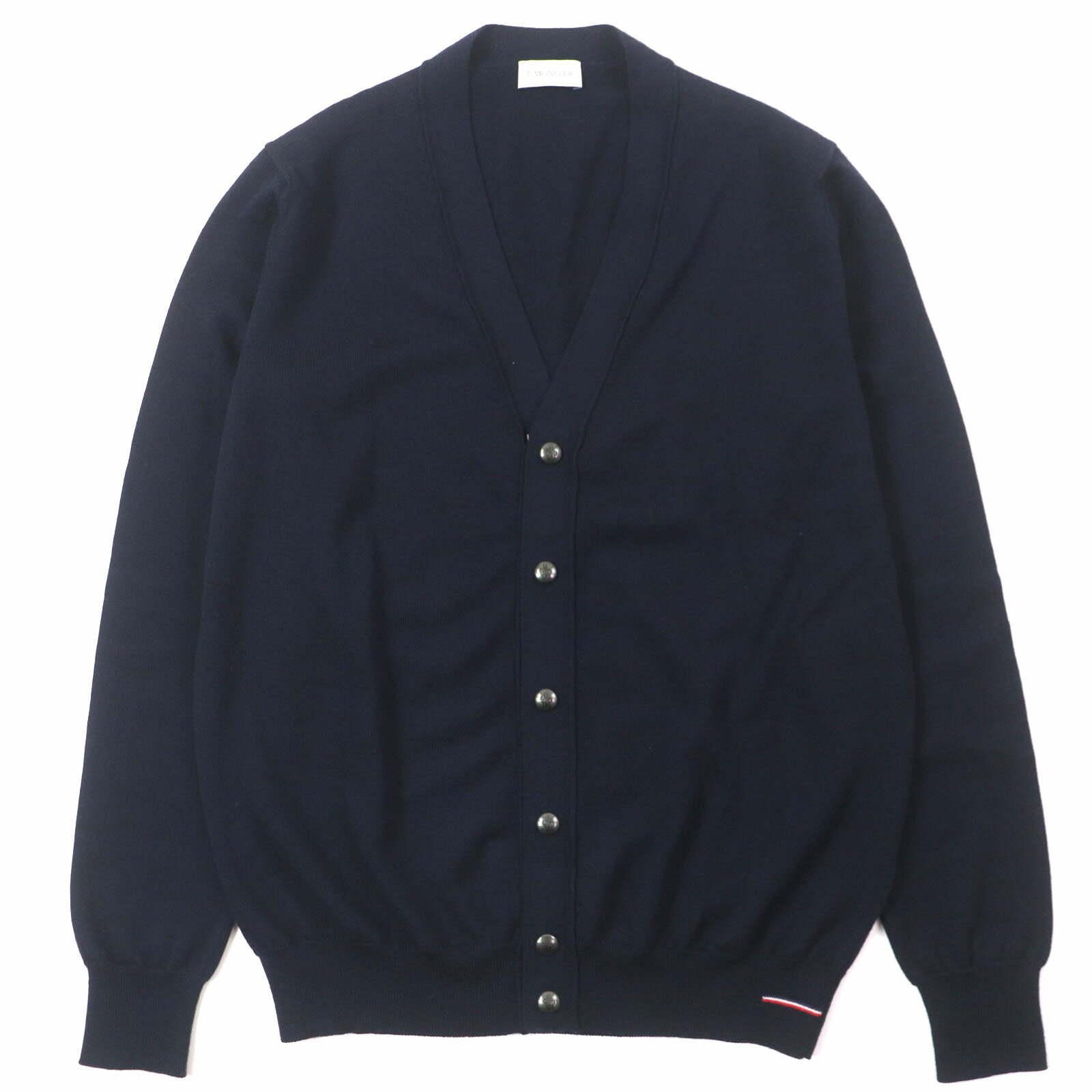 美品▼MONCLER モンクレール 2019年製 MAGLIONE ウール100% ロゴ入りボタン Vネック ニット カーディガン ダークネイビー L 正規品 メンズ【中古】