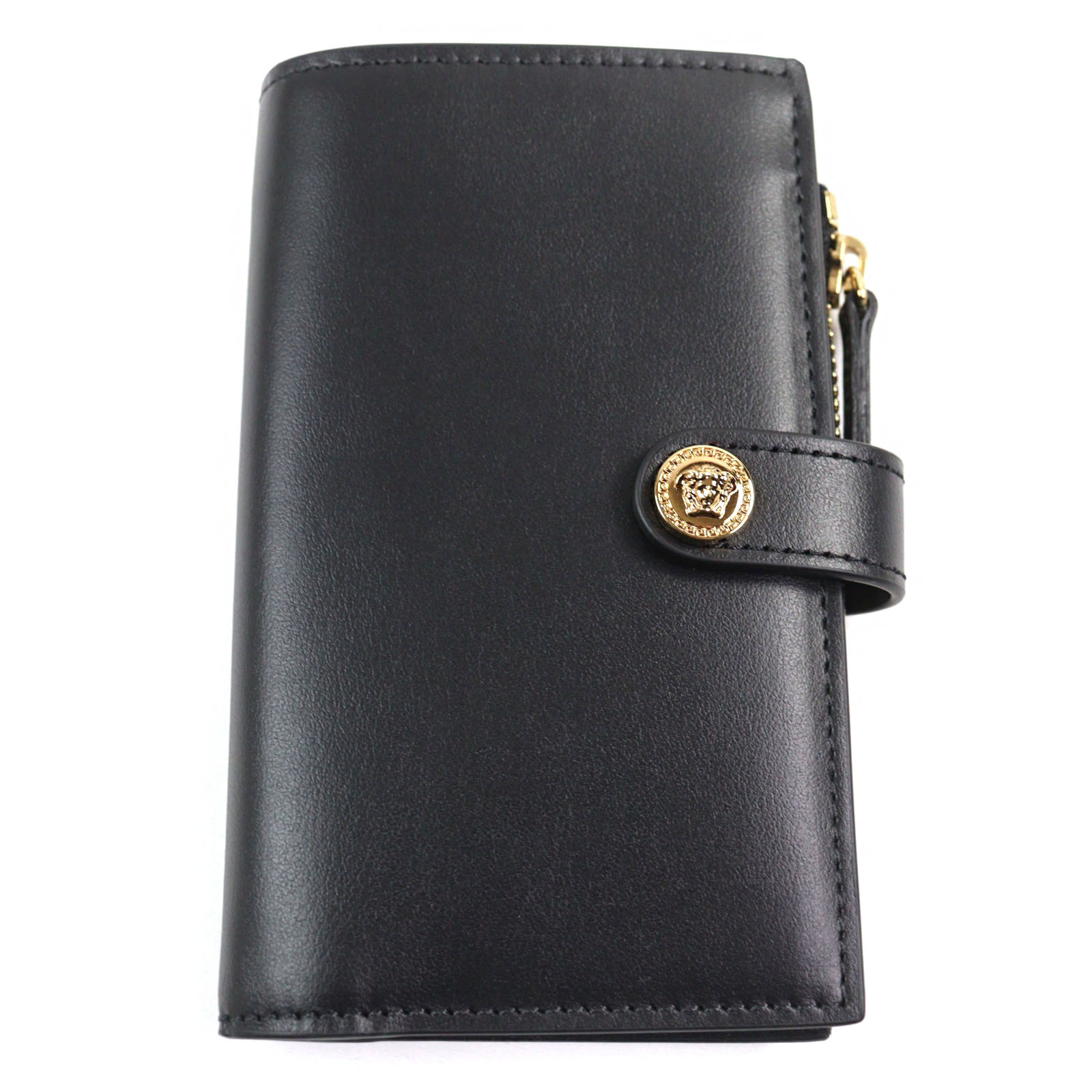極美品○VERSACE ヴェルサーチ ロゴ入り メデューサボタン 小銭入れ付き レザー コンパクトウォレット 二つ折り財布 ブラック系 箱・保存袋付き イタリア製 メンズ【中古】