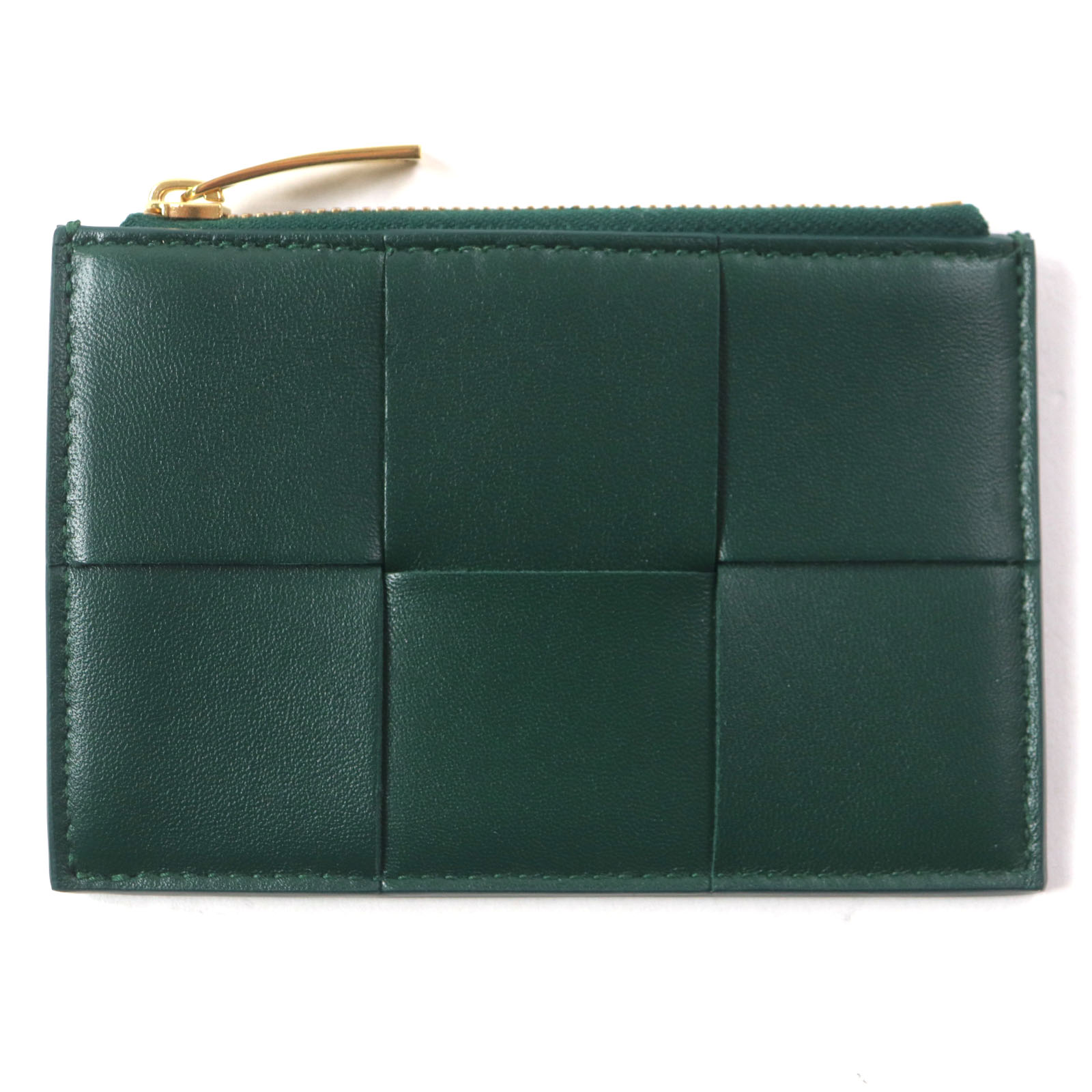極美品▼BOTTEGAVENETA ボッテガヴェネタ 765460 現行品 イントレチャート カセットファスナー レザー コインケース カードケース グリーン ゴールド金具 箱・保存袋付き イタリア製 メンズ【中古】
