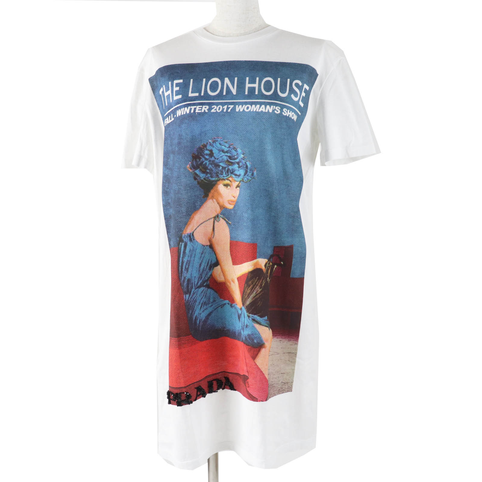 極美品◎PRADA プラダ 35936R Prada Poster Girl ビーズロゴ ロング丈Tシャツ／Tシャツワンピース ホワイト マルチ XS イタリア製 正規品 レディース【中古】