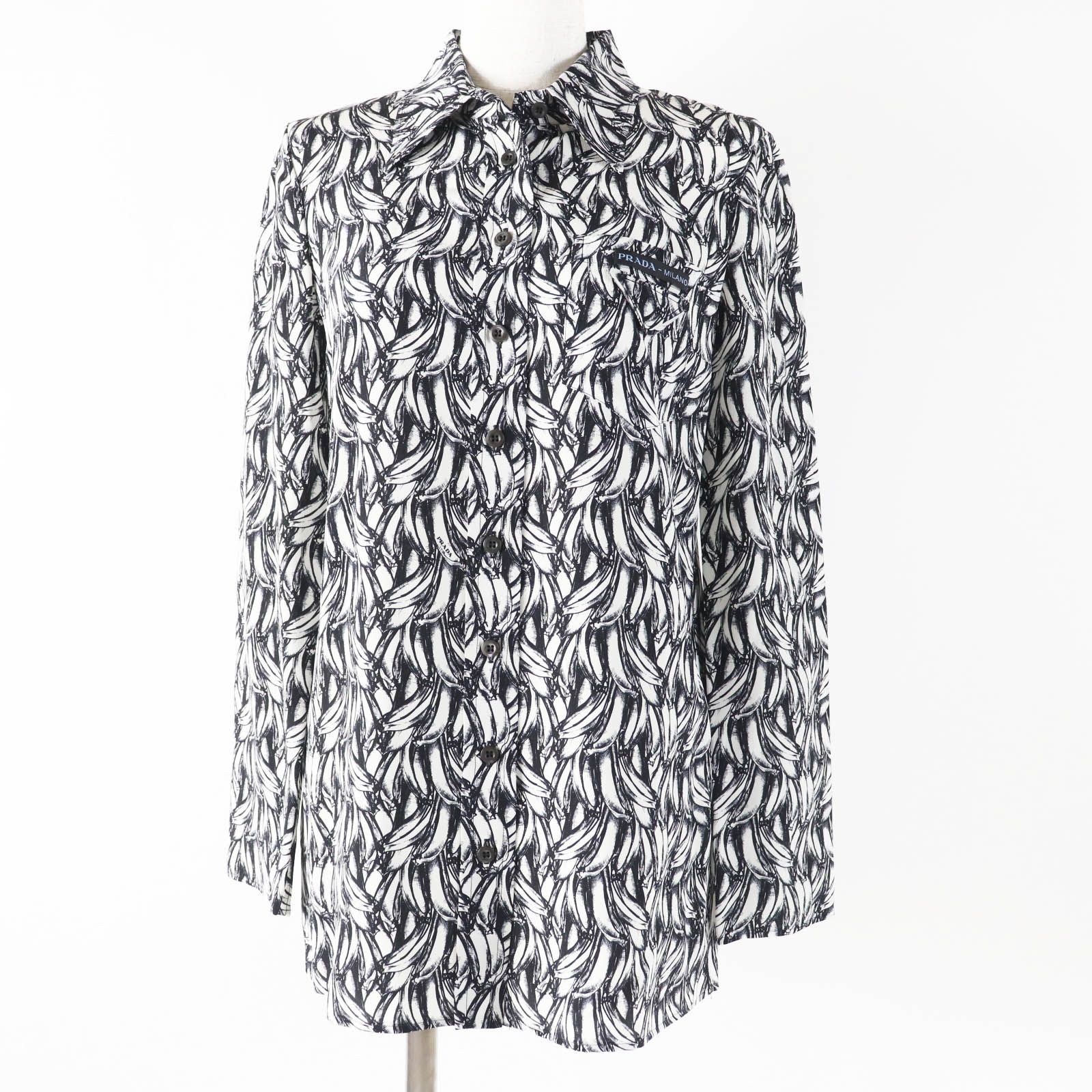 極美品◎PRADA プラダ 18AW P491C シルク100％ バナナ総柄プリント 長袖シャツ ブラック ホワイト 36 イタリア製 正規品 レディース【中古】