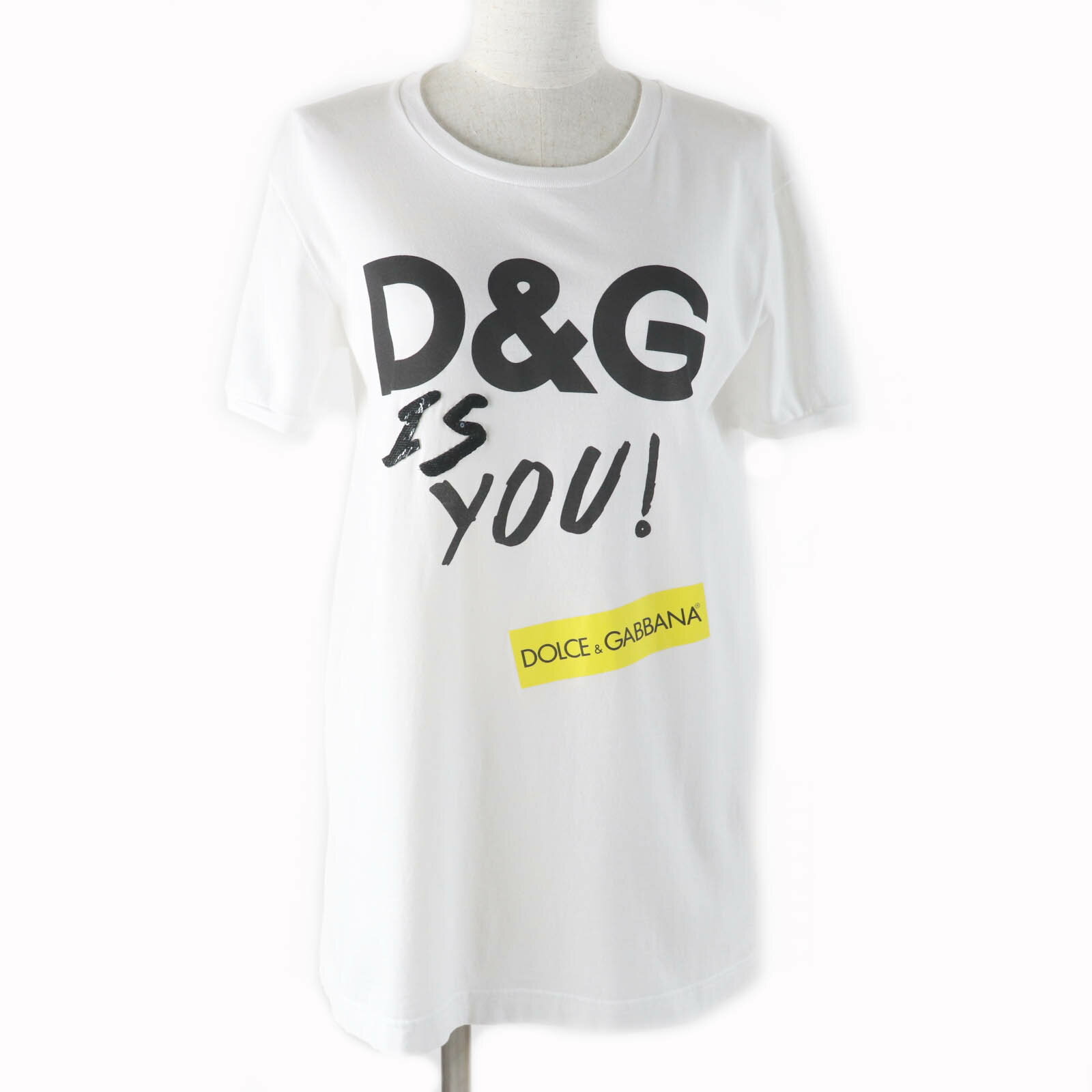 極美品★DOLCE&GABBANA ドルチェ＆ガッバーナ F8K74Z/HH7LS コットン100％ ロゴデザイン スパンコール付 クルーネック 半袖Tシャツ ホワイト 38 イタリア製 正規品 レディース【中古】
