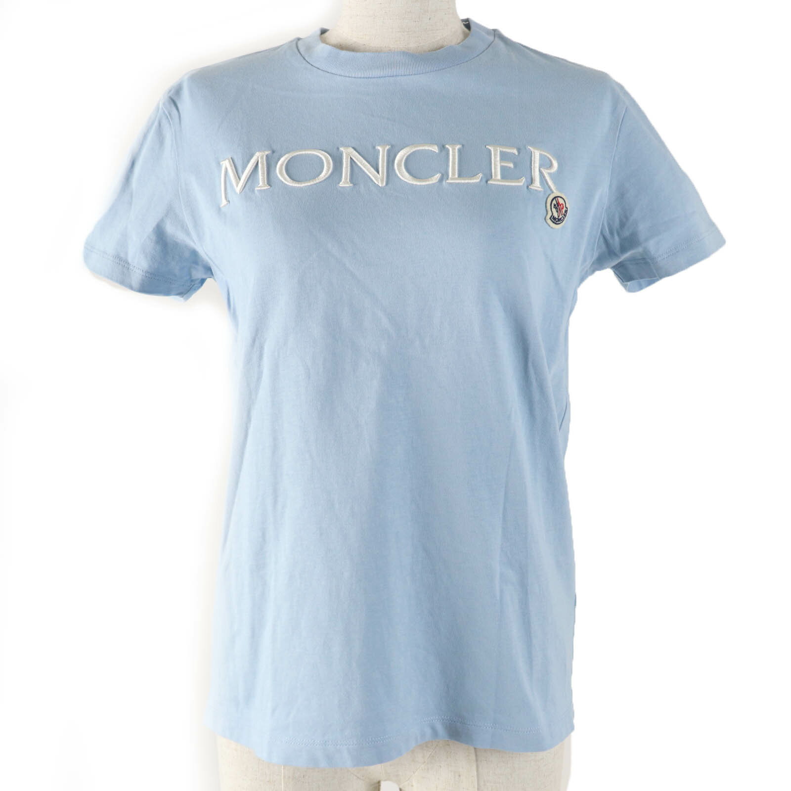極美品☆MONCLER モンクレール 2022年製 コットン100％ ロゴワッペン・ロゴ刺繍 半袖Tシャツ ライトブルー XS 正規品 レディース【中古】