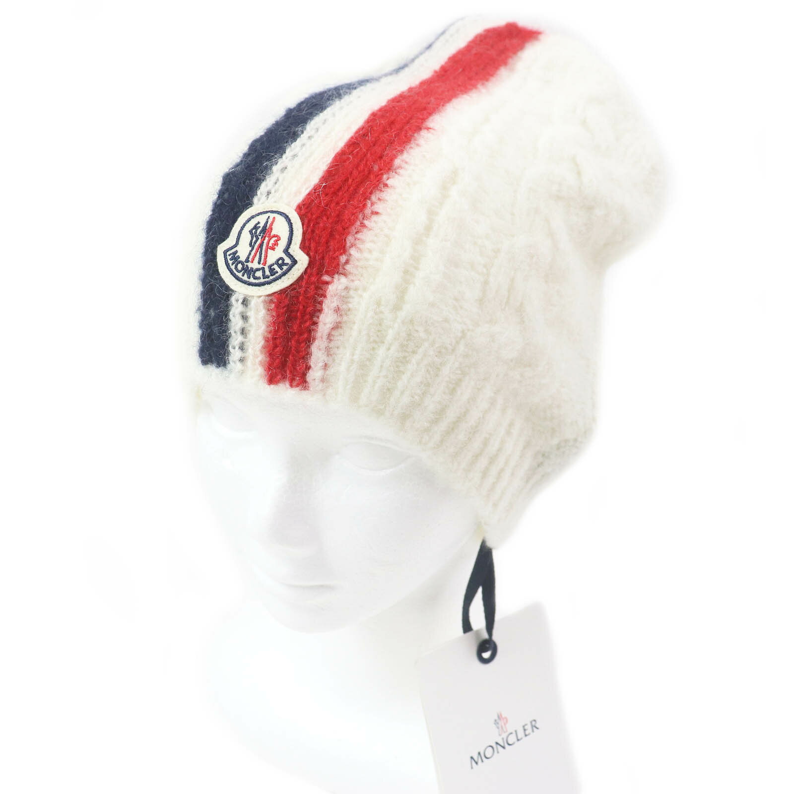 未使用品□MONCLER モンクレール 21AW BERRETTO TORICOT ウール アルパカ モヘア トリコロール ロゴワッペン ビーニー ニットキャップ ニット帽 ホワイト UNI 正規品 メンズ【中古】