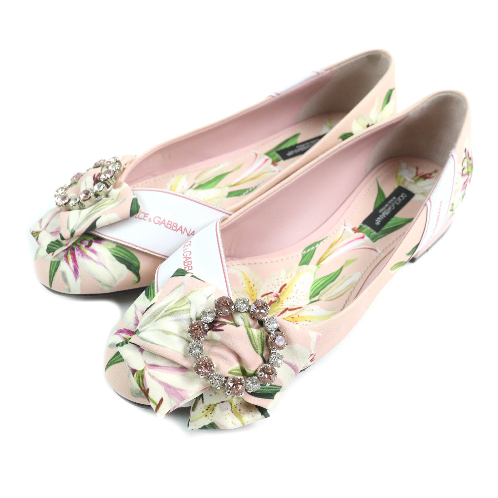 【ドンドン見直し】美品★DOLCE&GABBANA ドルチェ＆ガッバーナ CB0147 ビジュー リボン付 花柄 フラット パンプス マルチ 37 イタリア製 レディース【中古】