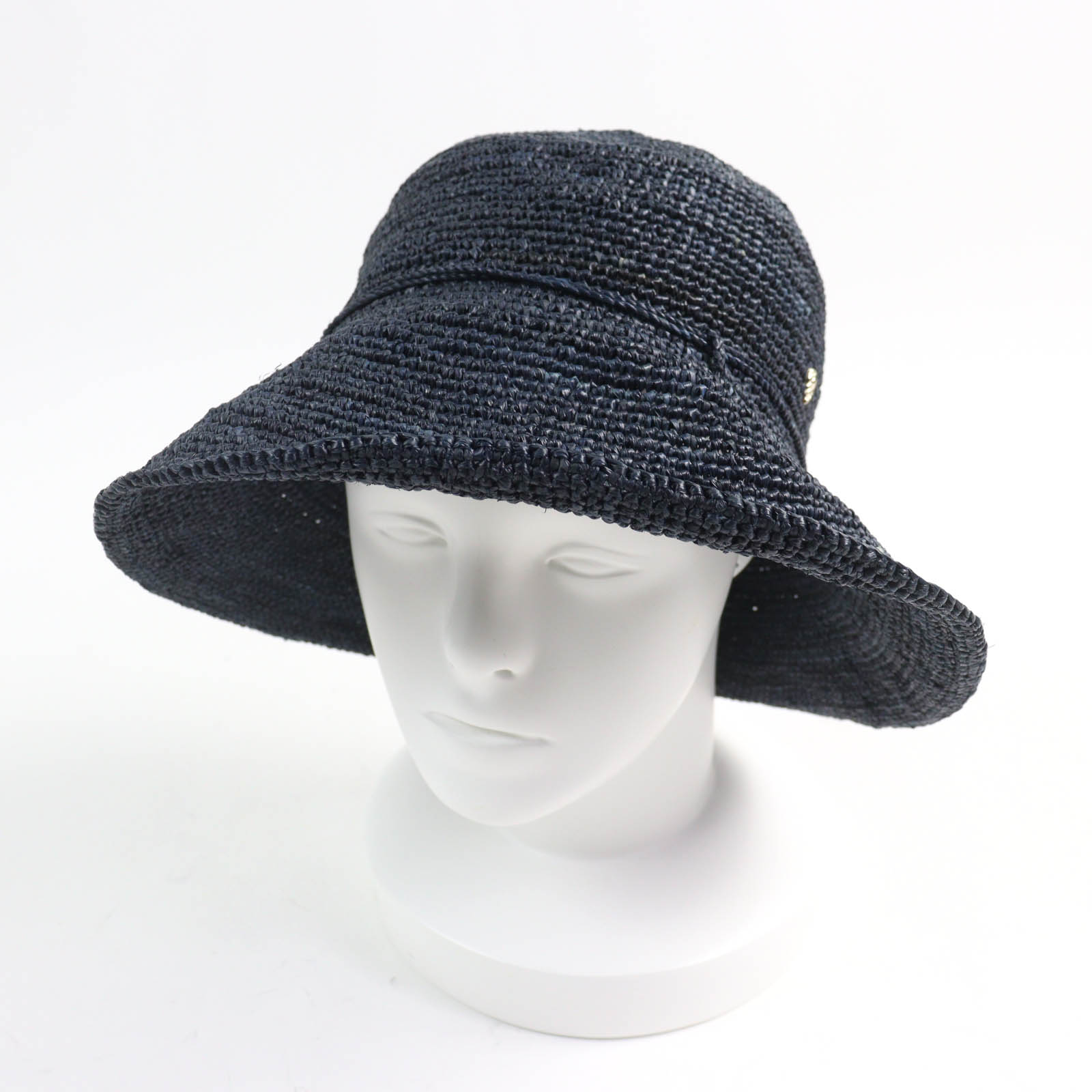 極美品★HELEN KAMINSKI ヘレンカミンスキー ラフィア100％ ロゴ金具付 リボンデザイン ハット ネイビー 保存袋付き レディース【中古】