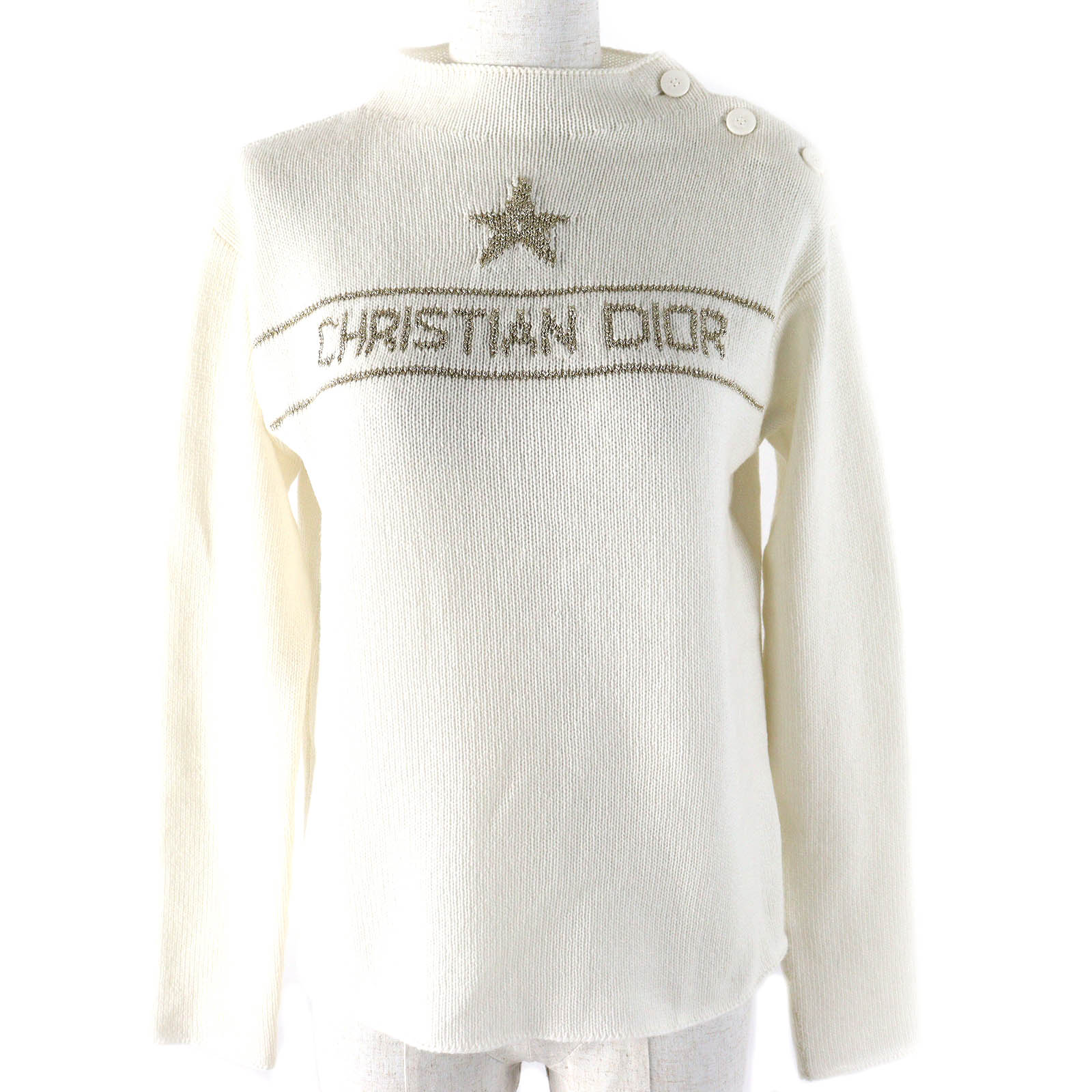 極美品△Christian Dior クリスチャンディオール 24AW 414S94AM064 カシミヤ97％ スター シグネチャーロゴ ボトルネック 長袖 ニット セーター ホワイト ゴールド 40 イタリア製 正規品 レディース【中古】