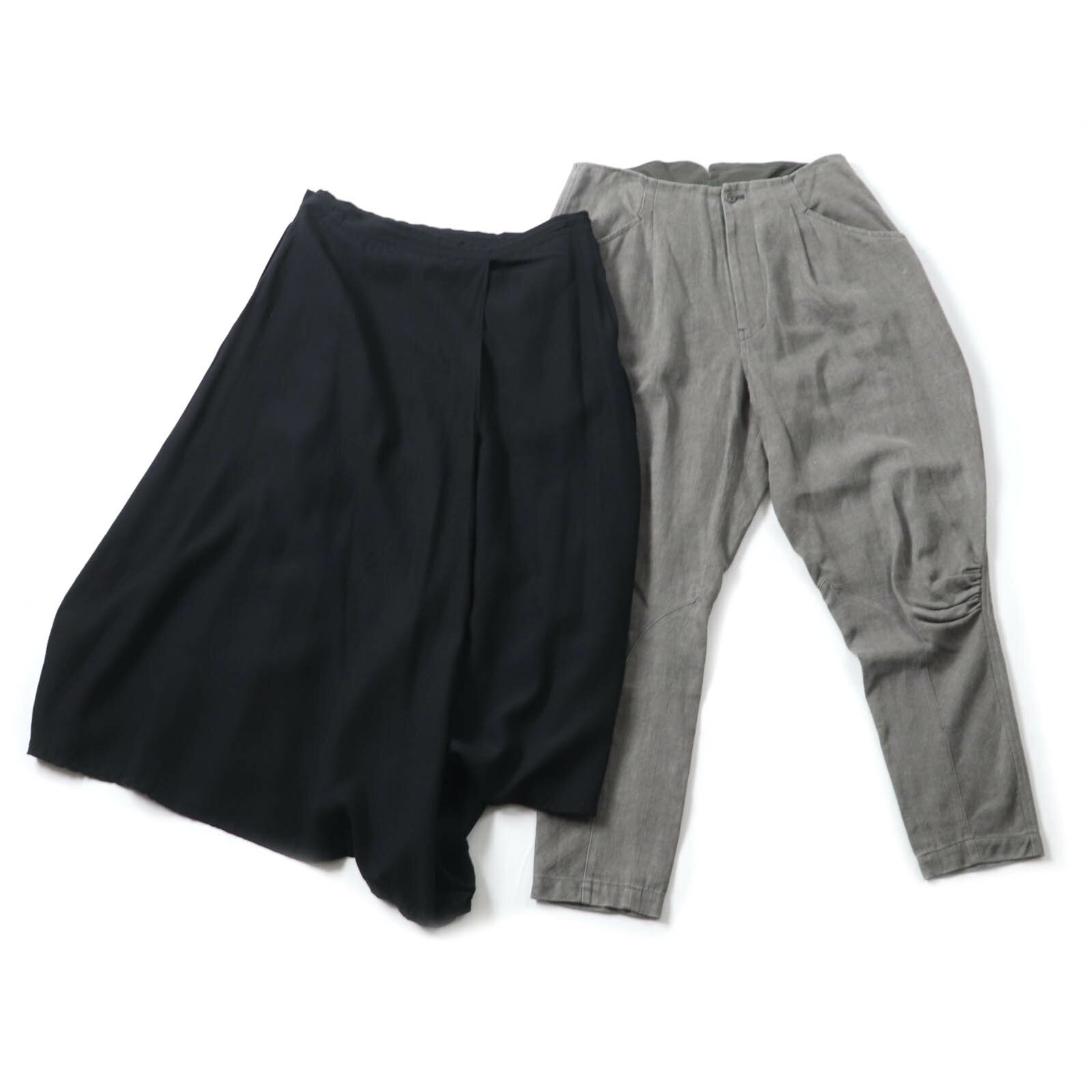 良品★Yohji Yamamoto ヨウジヤマモト YD-S07-200 リネン混 変形レイヤードデザイン ロングスカート＋シンチバック付 サルエルパンツ 2点set ブラック/グレー 2 日本製 正規品 レディース【中古】