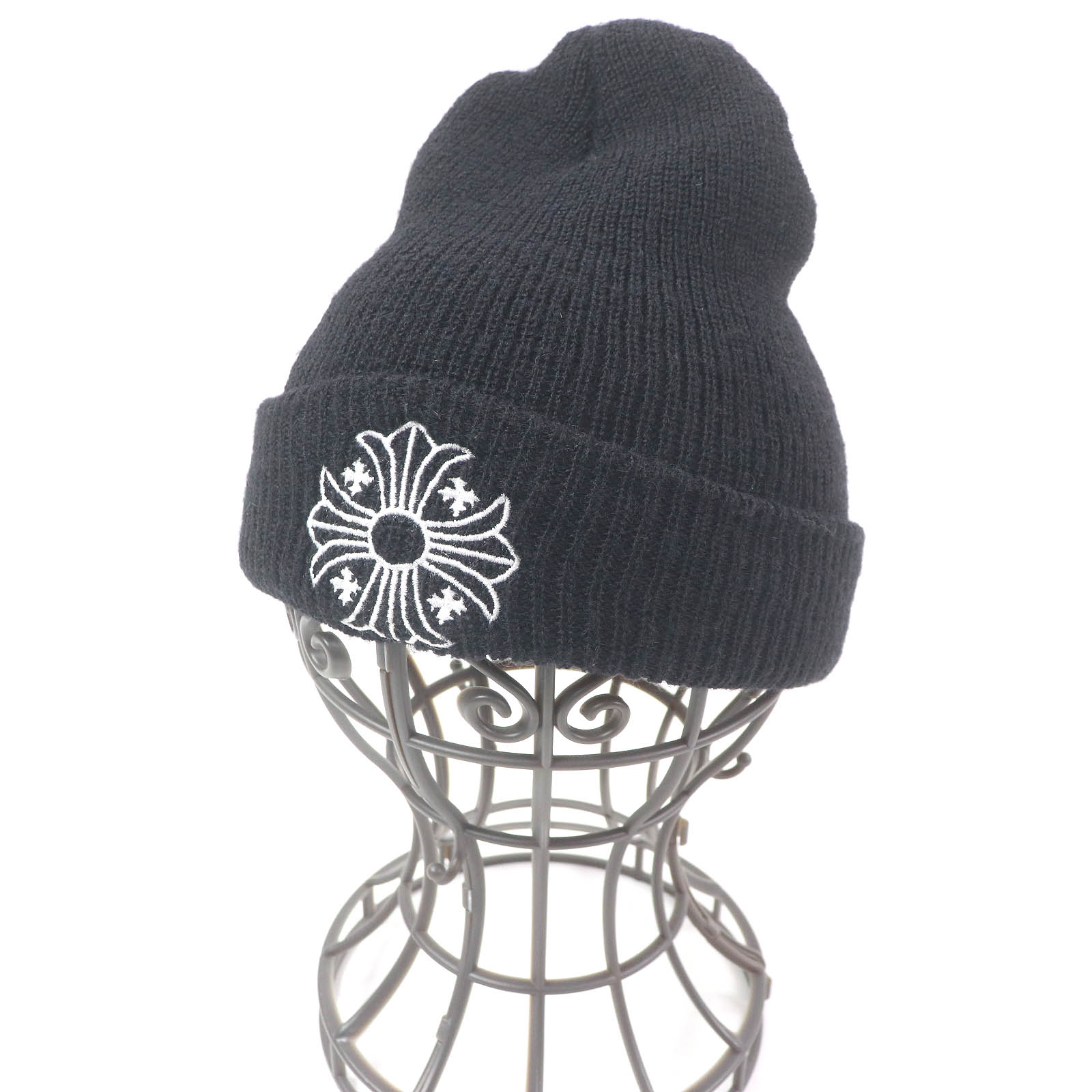 美品□CHROME HEARTS クロムハーツ ウール100％ CHプラス エンブロイダリー 刺繍 ニットキャップ ビーニー ブラック 23cm USA製 正規品 メンズ【中古】