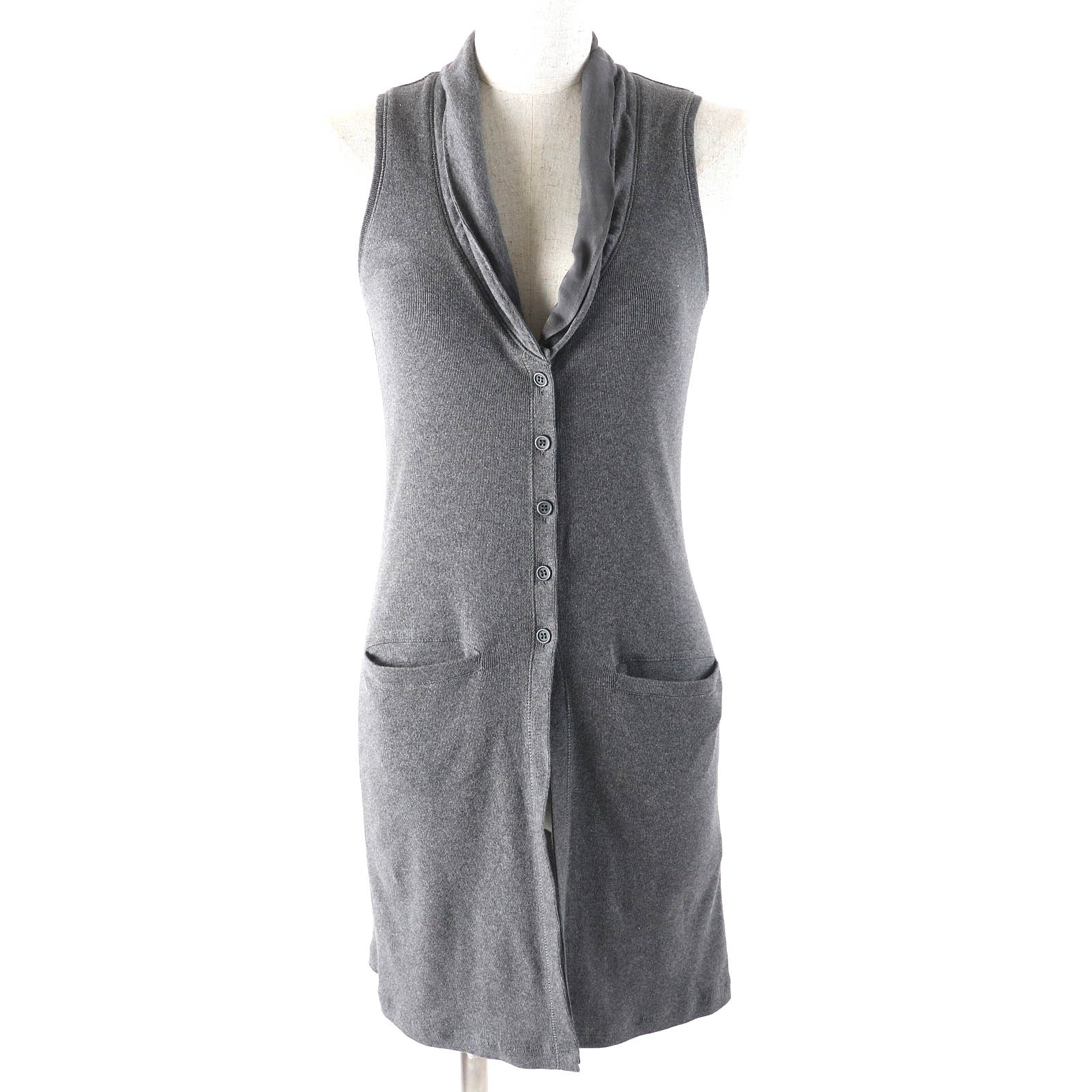 美品△Brunello Cucinelli ブルネロクチネリ コットン シルクチュールカラー 切替デザイン ノースリーブカットソー ロングジレ ベスト グレー S イタリア製 正規品 レディース【中古】