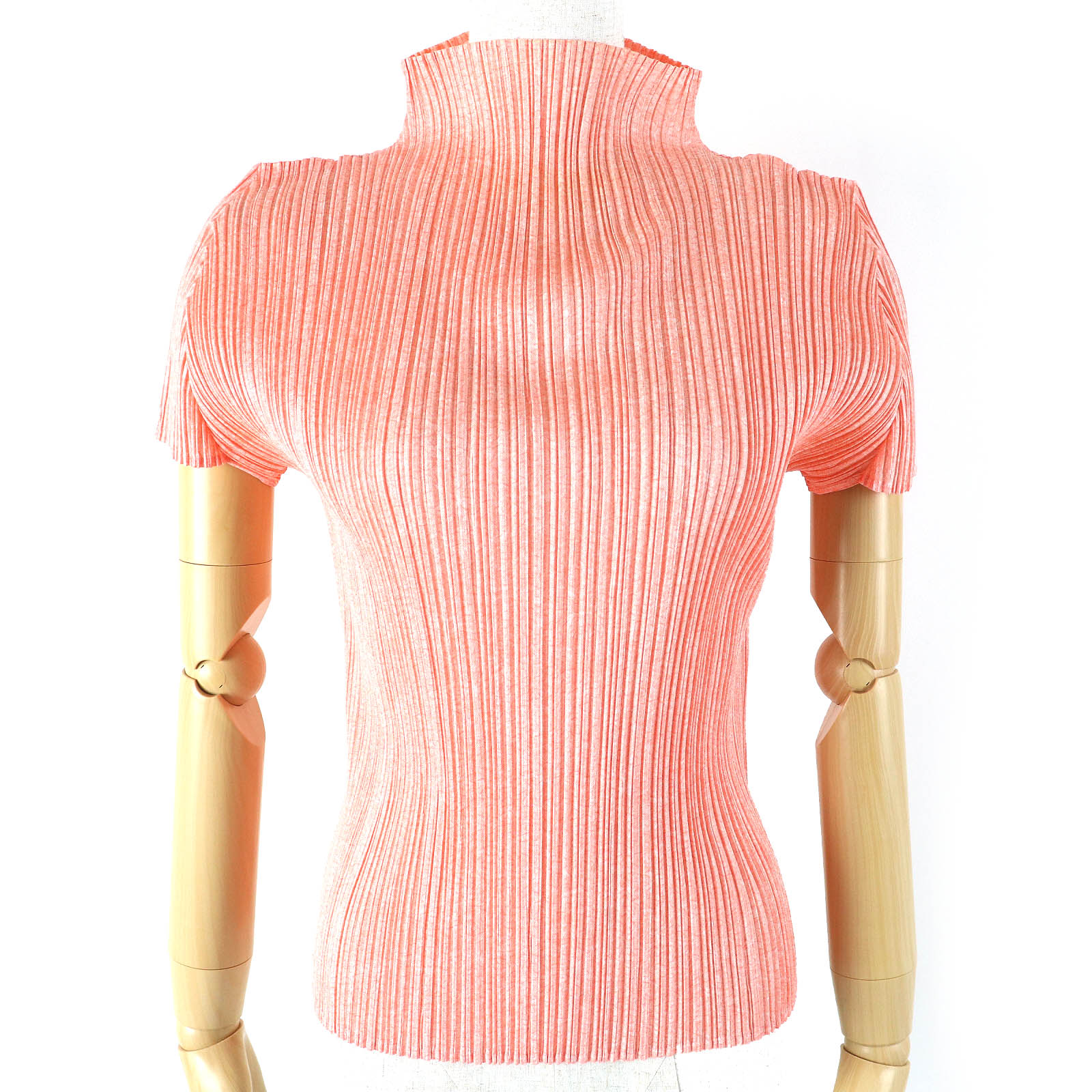 極美品△PLEATS PLEASE プリーツプリーズ イッセイミヤケ PP71-JK168 ハイネック 半袖 カットソー トップス サーモンピンク 3 日本製 正規品 レディース【中古】