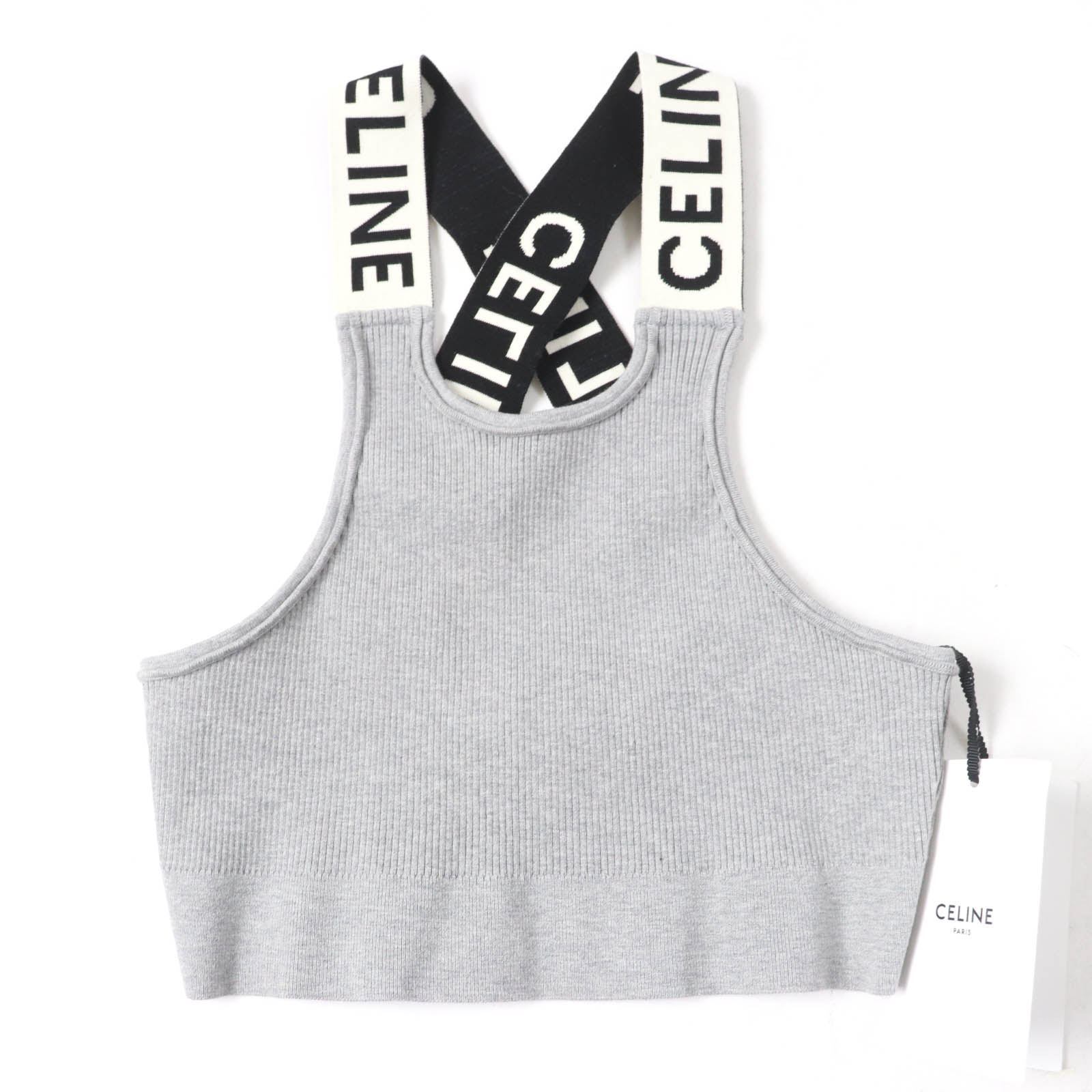 極美品☆CELINE セリーヌ 23SS 2A25Z372N ロゴ入り クロスバック スポーツブラ トップス グレー S イタリア製 正規品 レディース【中古】
