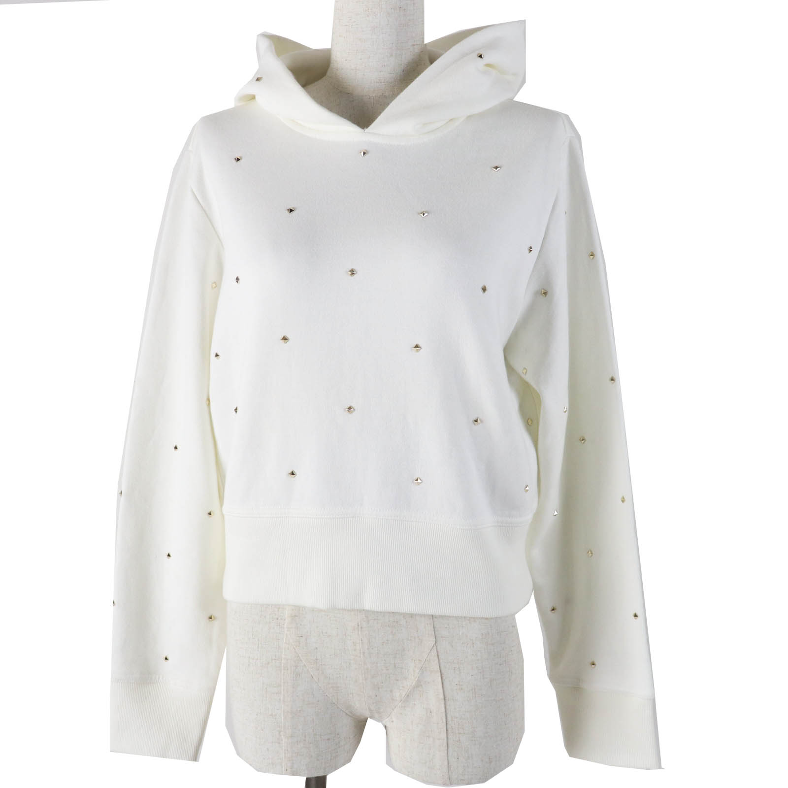 極美品◎VALENTINO ヴァレンティノ 1B3MF18L7D8 ロックスタッズ付き クロップド プルオーバーパーカー ホワイト ゴールド金具 L イタリア製 正規品 レディース【中古】