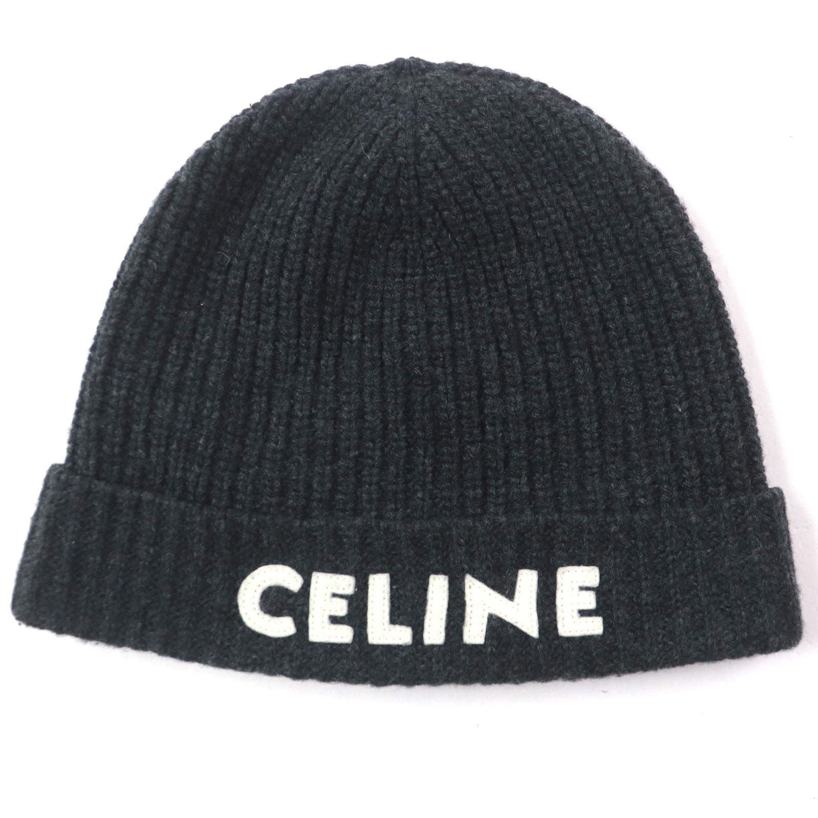 美品▼CELINE セリーヌ 2A25R423P ウール100% 現行品 ロゴワッペン付き 帽子 ニットキャップ ダークグレー イタリア製 正規品 メンズ【中古】