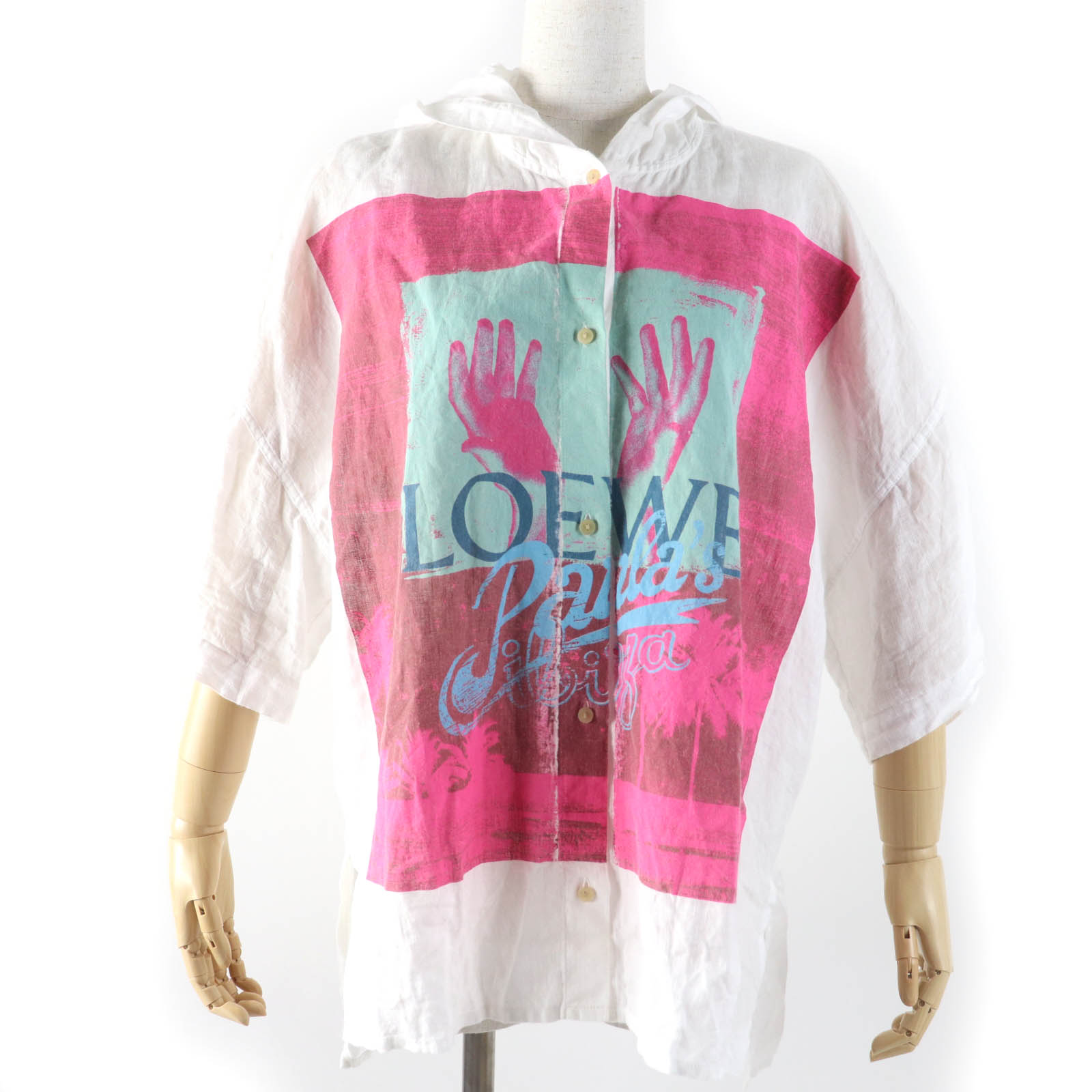 極美品☆LOEWE×Paulas Ibiza ロエベ×パウラズイビザ S616Y07X32 リネン100％ パームプリント フード付 半袖シャツ ホワイト ピンク 34 正規品 レディース【中古】
