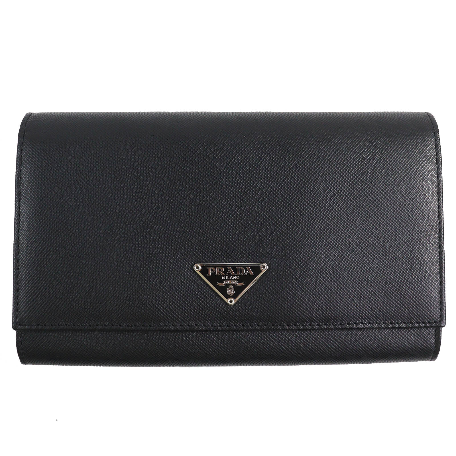 極美品△PRADA プラダ M608A トライアングルロゴ 三角ロゴプレート ロングウォレット 二つ折り サフィアーノレザー 長財布 ブラック イタリア製 レディース オススメ◎【中古】
