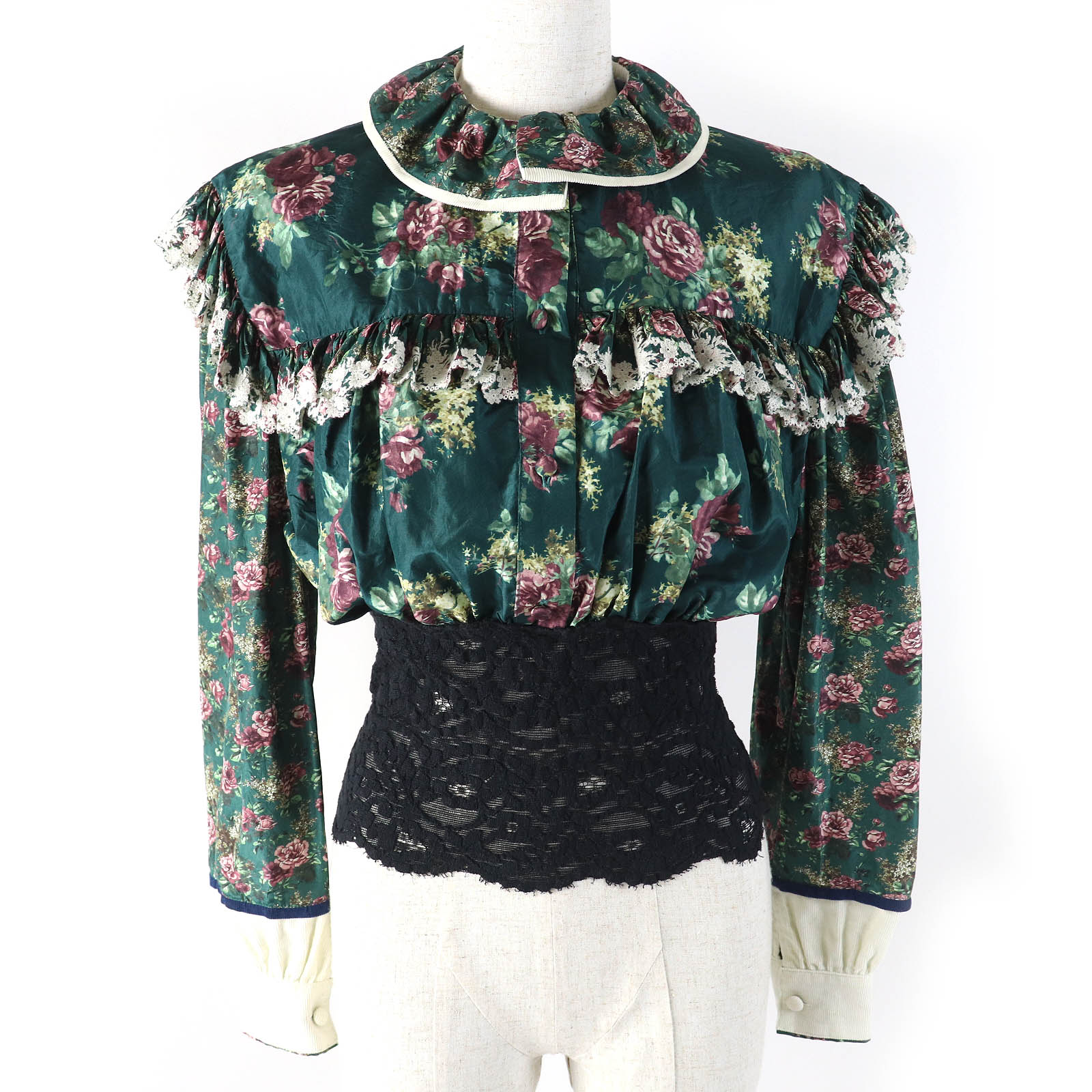 未使用品△LOUIS VUITTON ルイヴィトン 19AW コットン シルク 花柄 フリル レース使い 長袖 ブラウス グリーン ボルドー ブラック 34 フランス製 正規品 レディース【中古】
