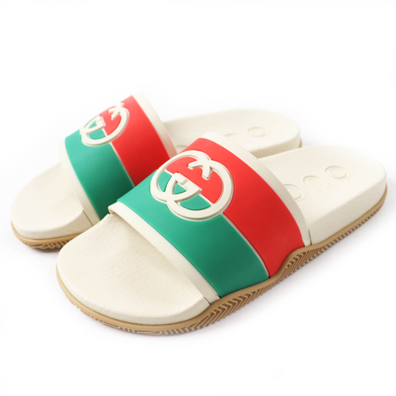 未使用品◎GUCCI グッチ 655641 インターロッキングG ラバー レザー スライドサンダル／シャワーサンダル ベージュ グリーン レッド 約37 箱・保存袋付き イタリア製【中古】