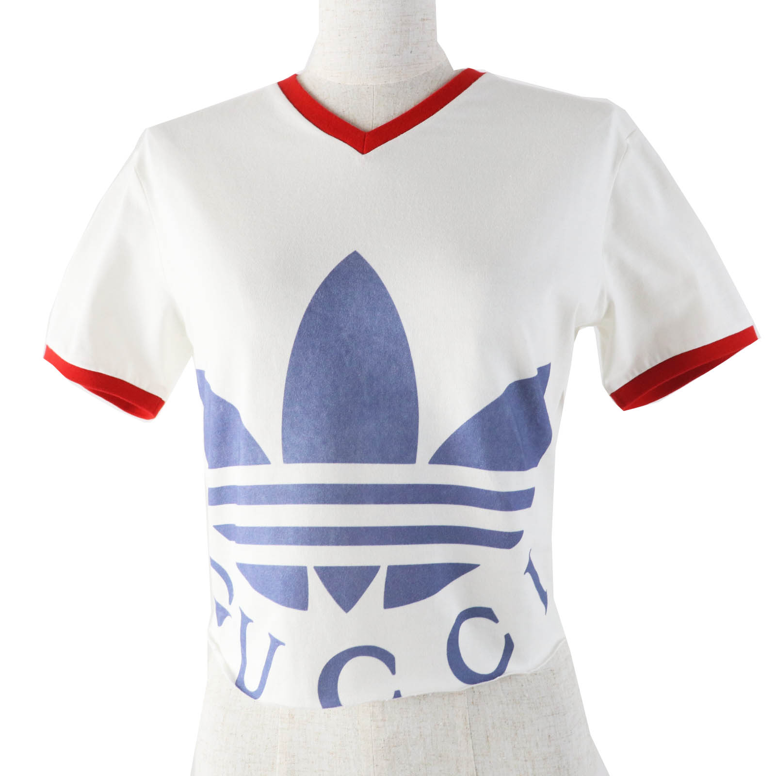 未使用品◎GUCCI×adidas グッチ×アディダス 693637 コットン トレフォイル クロップド丈 半袖Tシャツ ホワイト マルチ XS イタリア製 正規品 レディース【中古】
