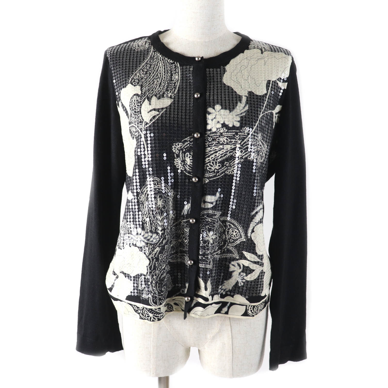 美品★LEONARD FASHION レオナール ファッション 0389112 シルク ウール混 スパンコール装飾 花柄 ウールカーディガン ブラック LL 日本製 正規品 レディース【中古】