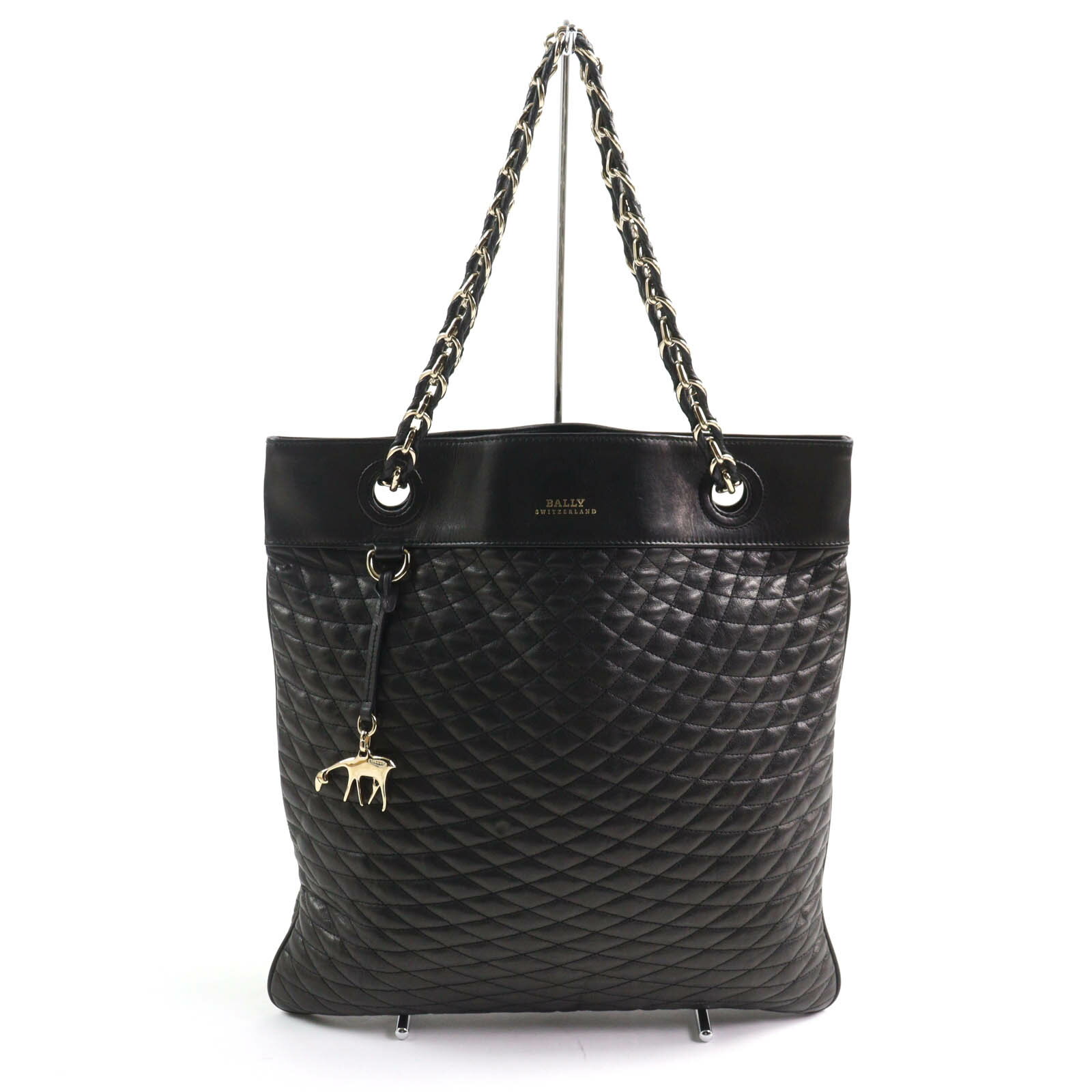 美品★BALLY バリー チャーム・キーリング付 ロゴデザイン チェーンショルダー キルティング レザー ハンド トートバッグ ブラック イタリア製 レディース【中古】